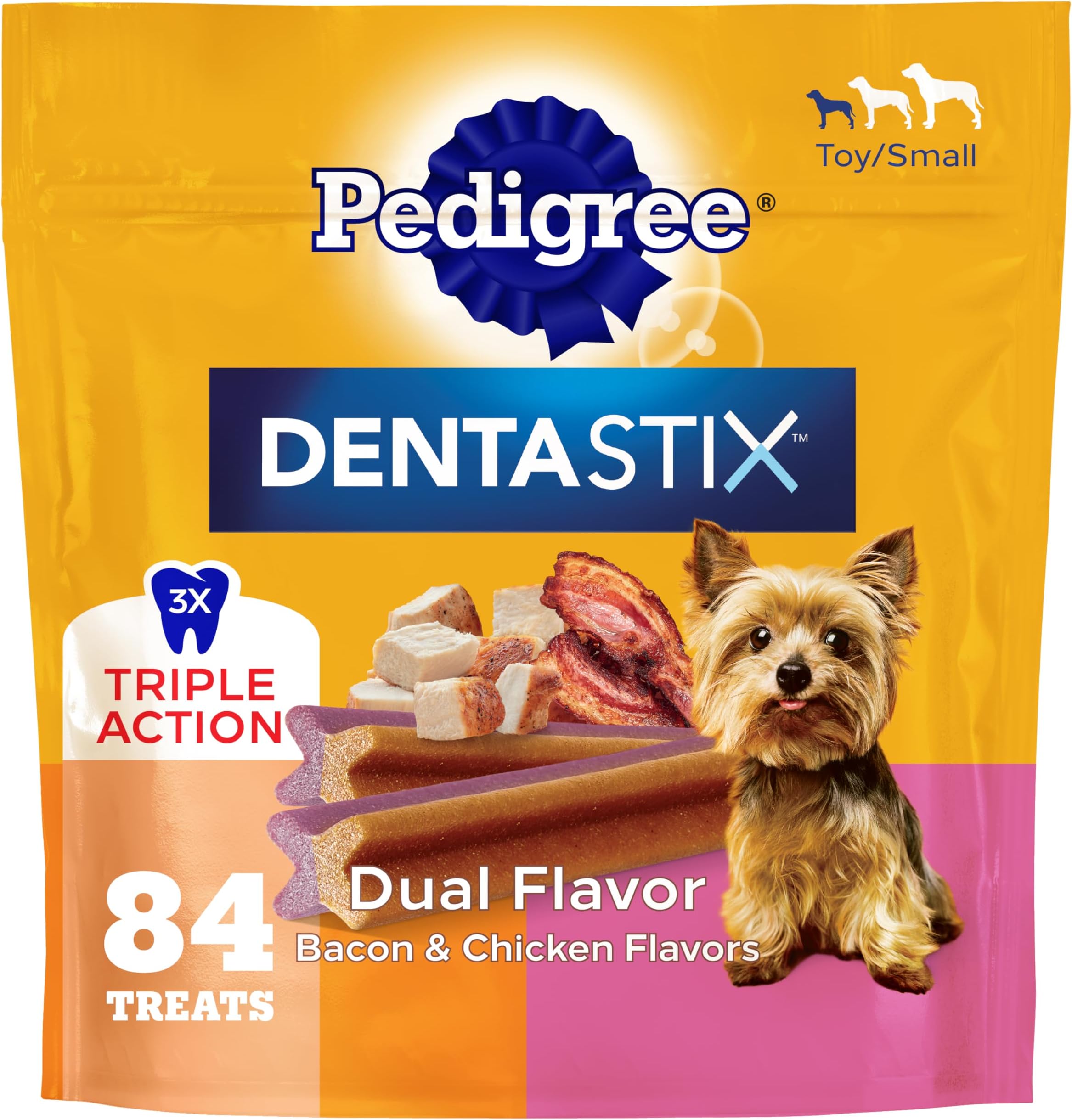 Dentastix Dental Chews for Dogs, Small and Toy Breed Dog Treats, Bacon & Chicken Flavor, 17.78 oz. Bag (84 Treats Total)