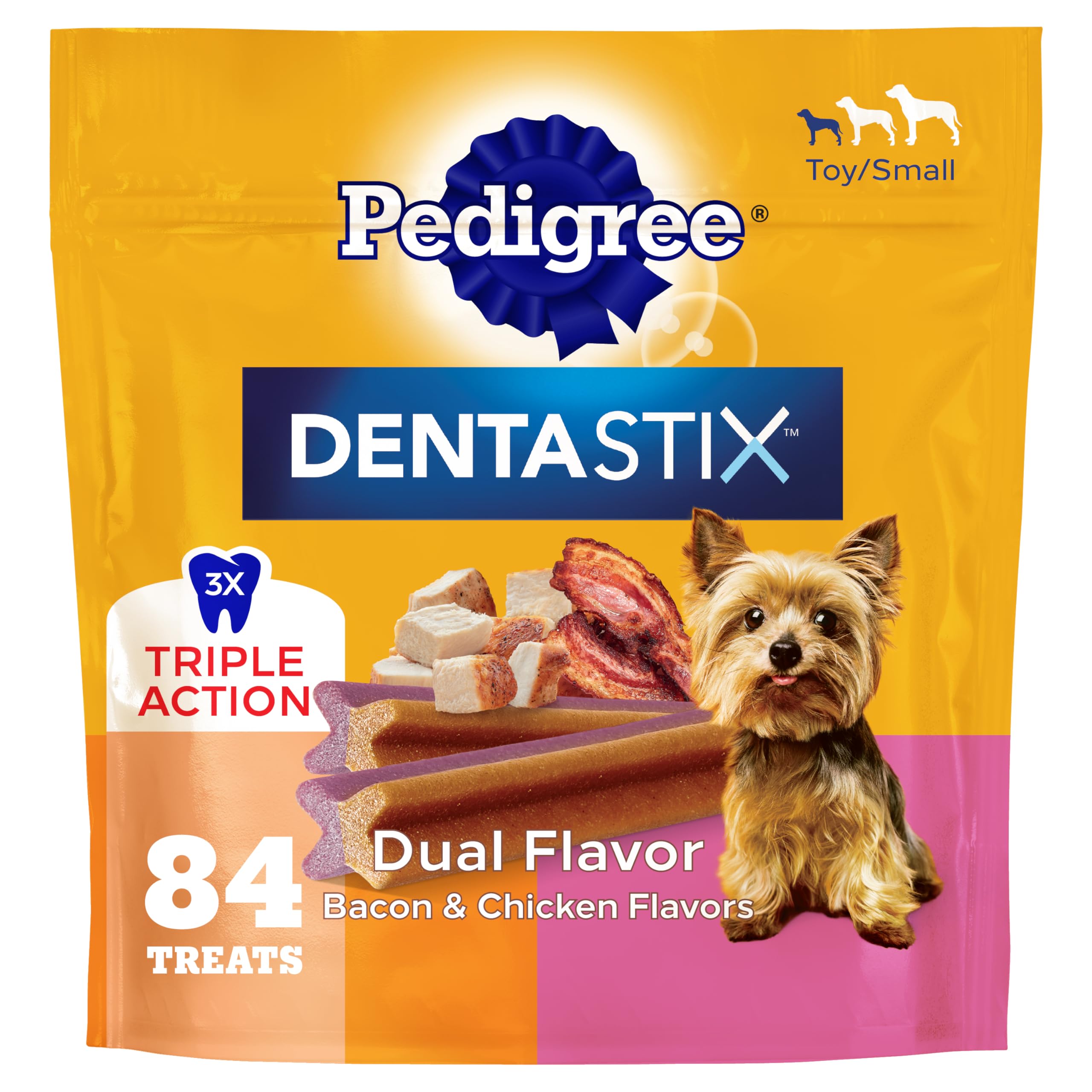 Pedigree Dentastix Dental Chews for Dogs, Small and Toy Breed Dog Treats, Bacon & Chicken Flavor, 17.78 oz. Bag (84 Treats Total)