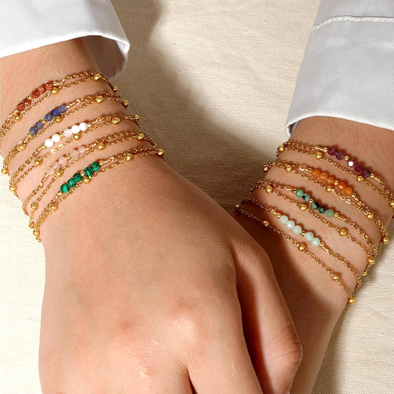 Gold Beaded Layered Chain Bracelets for Women, Dainty Boho Crystal Stone Beads Adjustable Stackable Bracelet Prom Wedding Friendship Jewelry Gift - Image 6