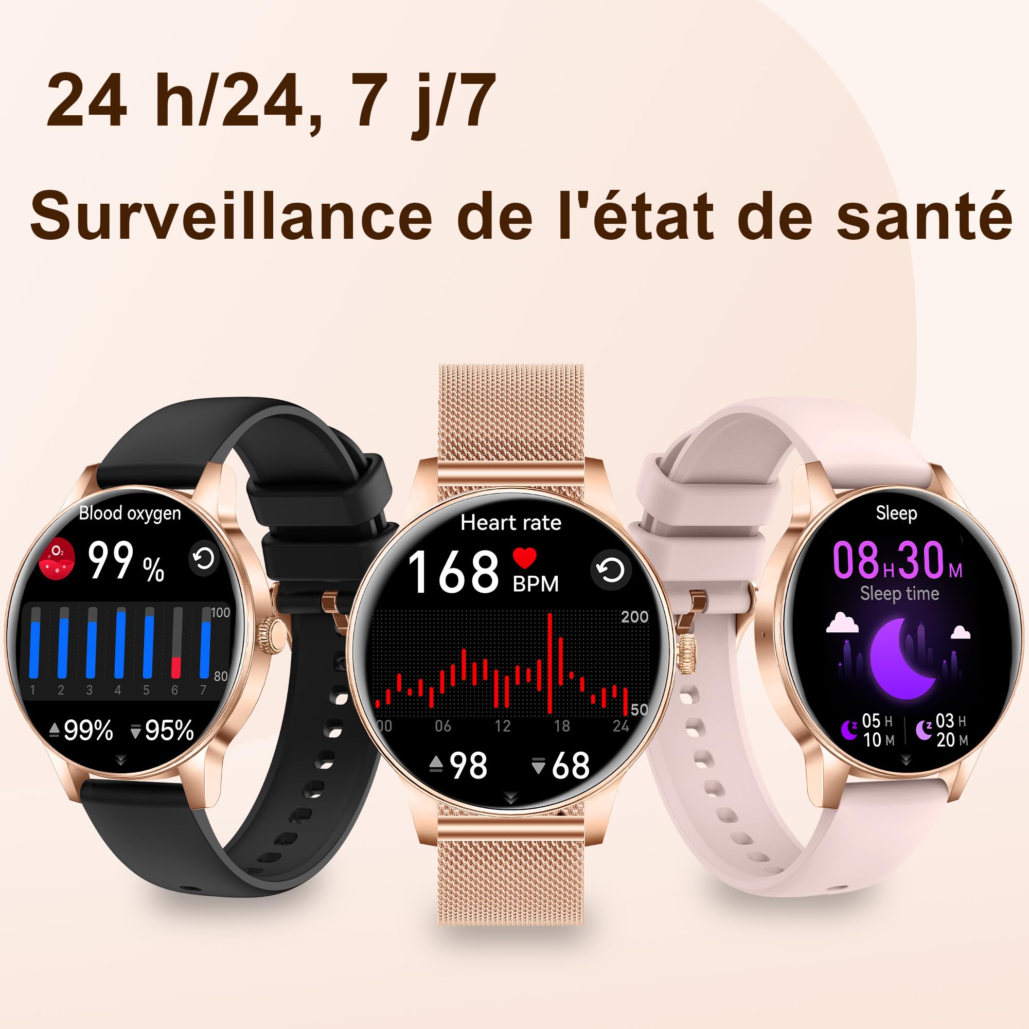 Montre Connectée Femme avec Appel Bluetooth, 1.27" HD Rond | Montre Sport pour iOS Android, Fréquence, Cardiaque, Sommeil, SpO2, 110+ Sportifs, IP68 étanche, 3 Bracelets, Or rose