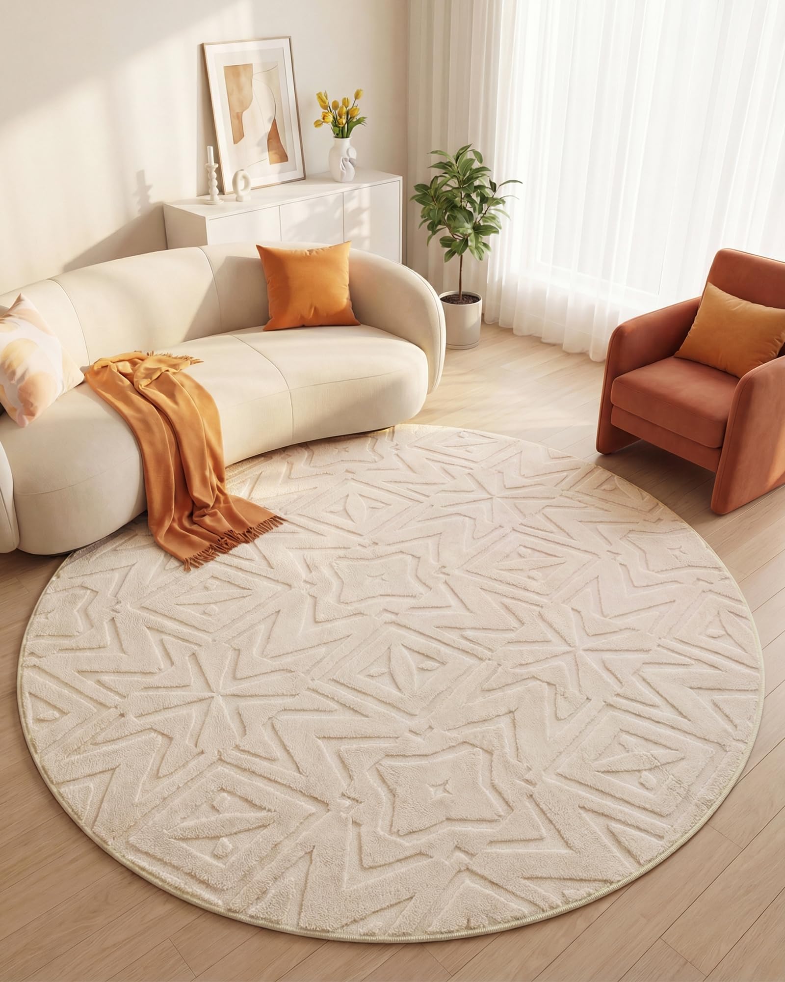 Photo 1 of Carvapet 6.5' Round Rug Washable High Low Pile Area Rug Soft Plush Beige Carpet for Living Room Bedroom Non Slip Indoor Floor Rug for Home Kids Nursery Decor