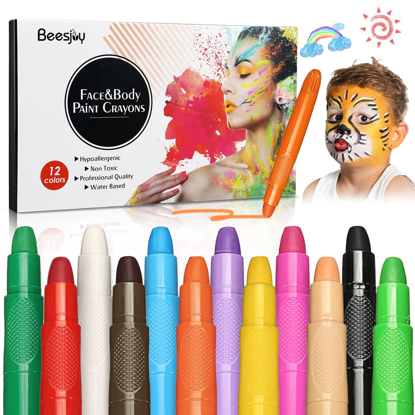 Pinturas Cara para Niños,12 Colores Pinturas para La Cara, Pinturas Faciales No Toxica, Hipoalergenicas, Lavable, Pintura Corporal Embarazadas, Pinturas Cara Carnaval, Cosplay, Halloween, Navidad