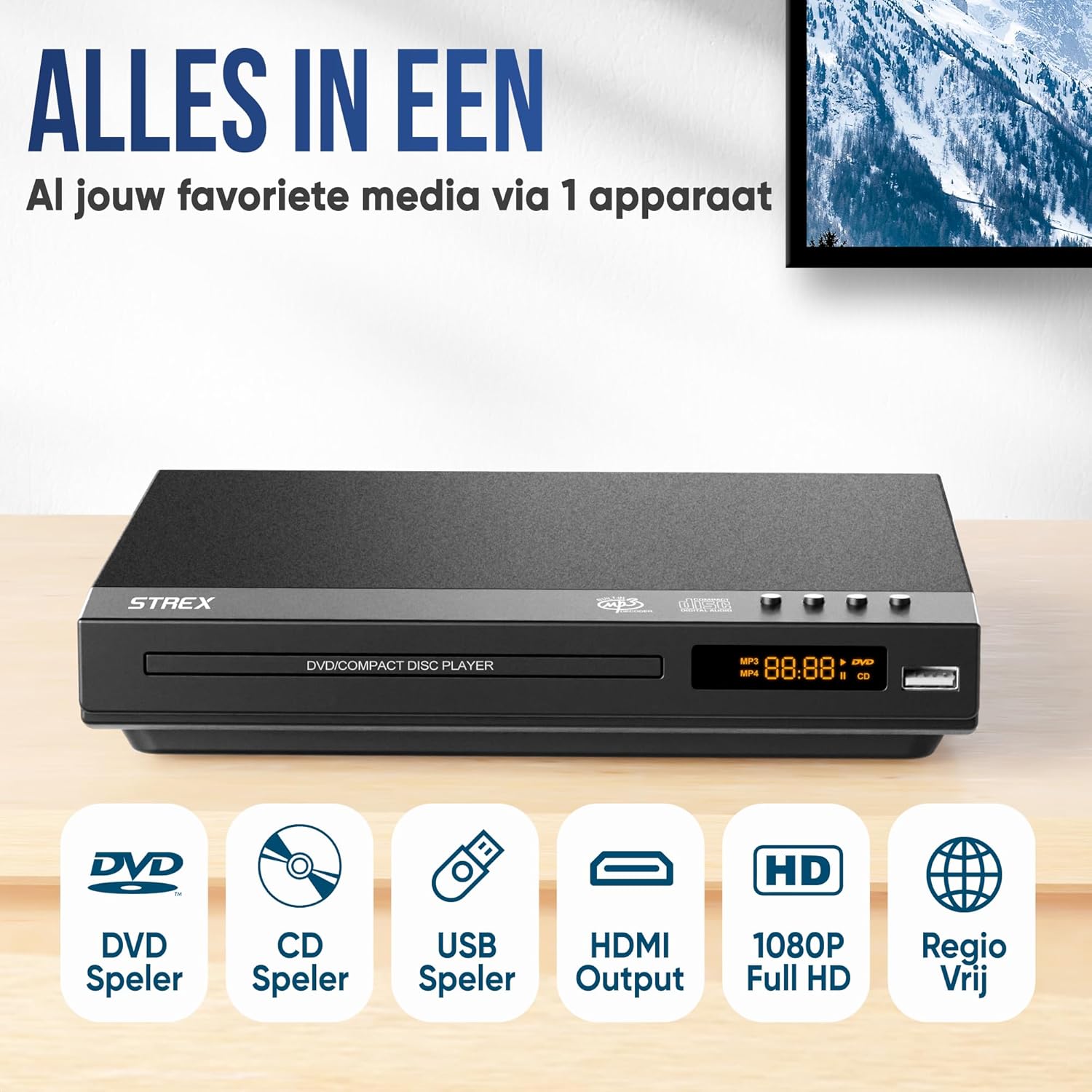 مشغل أقراص DVD من نوع Strex SP270 مزود بأيقونات لأقراص DVD وCD وUSB وHDMI ودقة 1080P، ويعمل على جميع المناطق.