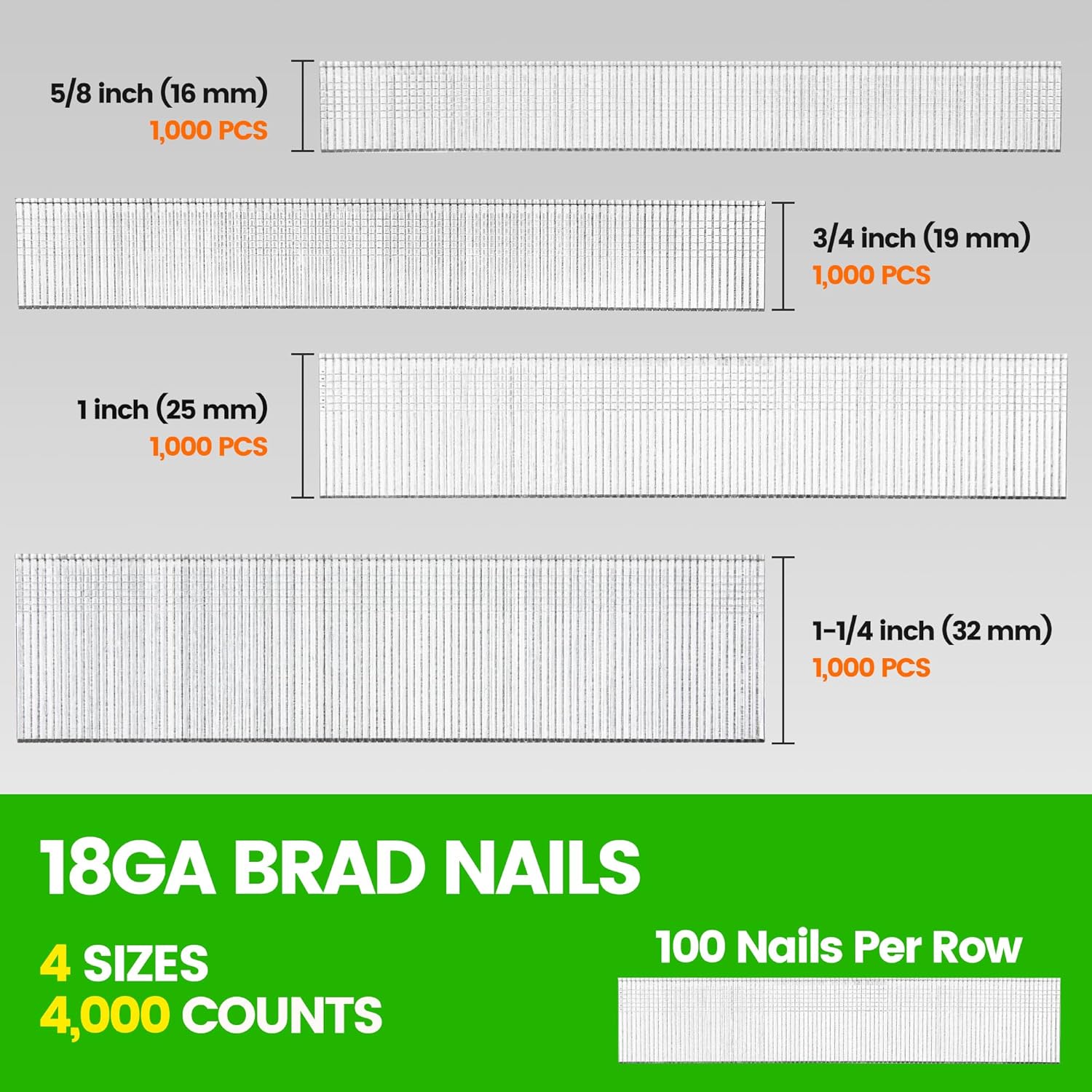 meite F50C Pneumatic Brad Nailer Kit Includes 4,000 Pcs 18 Gauge Brad Nails Assorted 4 Sizes (5/8", 3/4", 1", 1-1/4 Inch), Ideal for Trim Work, Furniture Building & Finish Applications