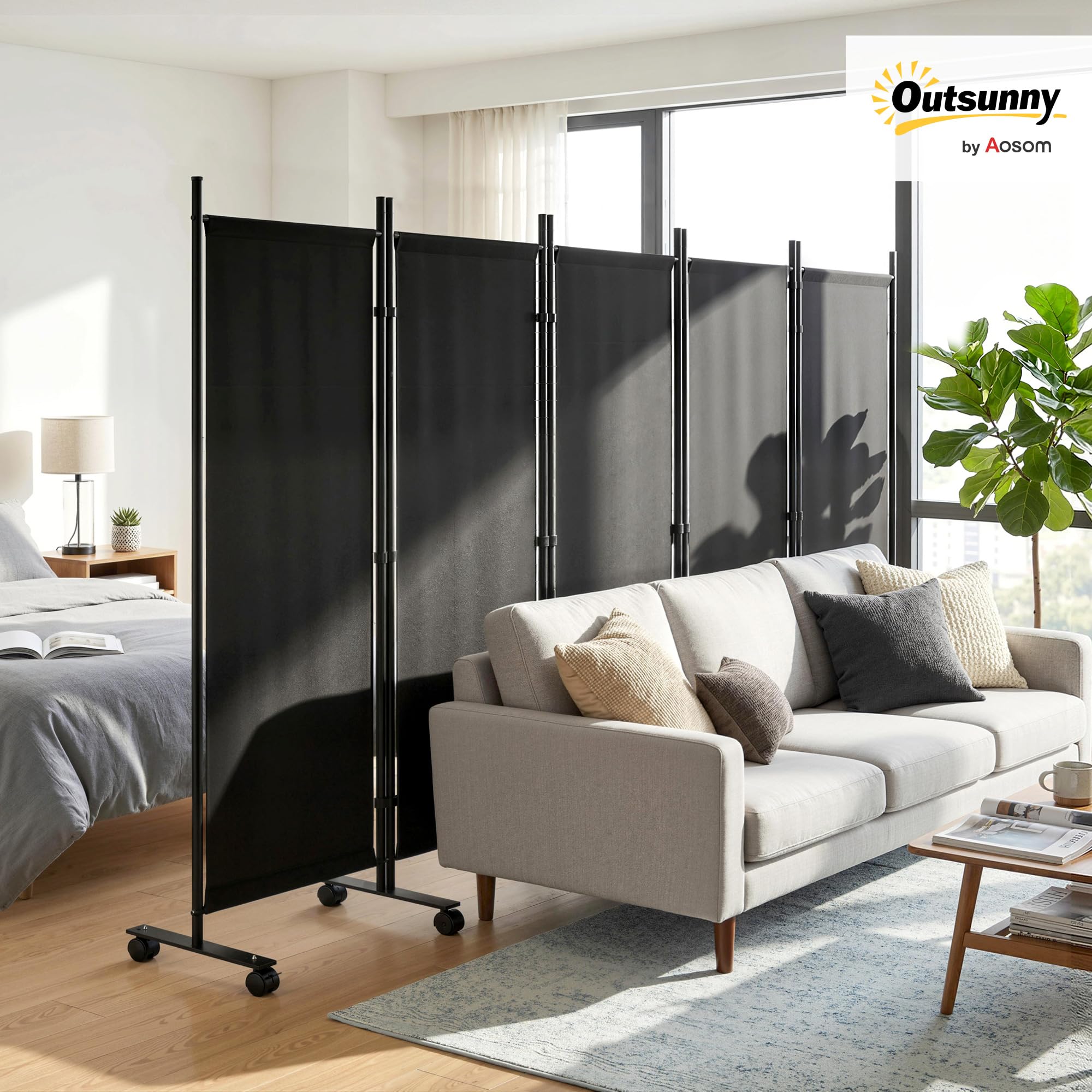 Outsunny Biombo Plegable de 5 Paneles con 12 Ruedas 252x170 cm Negro | Biombo Separador de Ambientes, Clips de Conexión, Montaje Personalizado, para Salón u Oficina