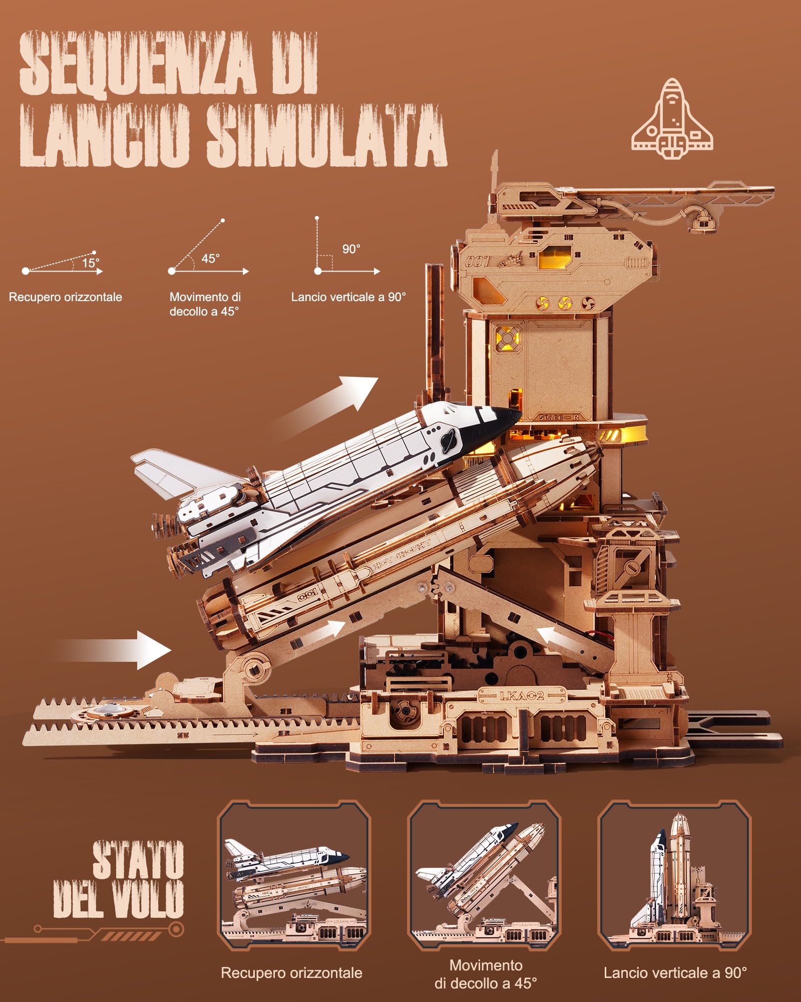 ROBOTIME Puzzle 3D in Legno Navetta Spaziale per Adulti – Base di Lancio Meccanica con Effetti Visivi e Movimento, Kit Fai-da-Te Astronave, Regalo STEM per Amanti dello Spazio, LKA02