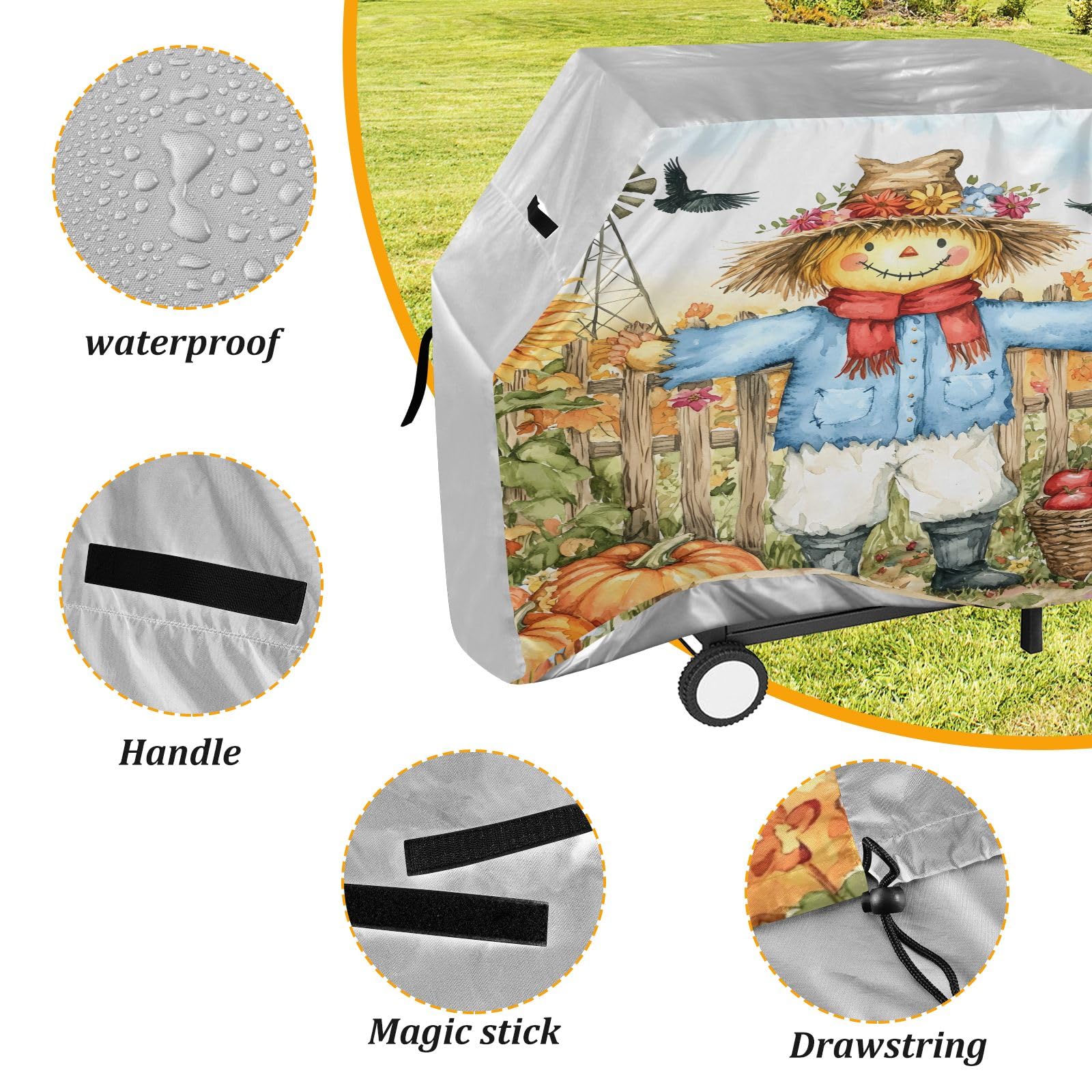 Wysokiej jakości pokrowiec na grilla, wodoodporny pokrowiec na grilla, odporny na blaknięcie, wytrzymały, pasuje do szerokości grilla do 60 cm, strach na wróble, dynia, słonecznik