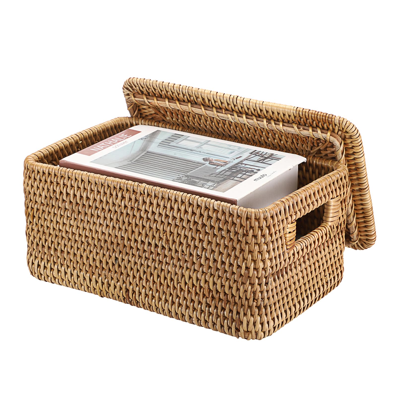IGNPION Cesto portaoggetti in vimini con coperchio, contenitore decorativo multiuso per mensole, bagno, cucina, soggiorno, ufficio