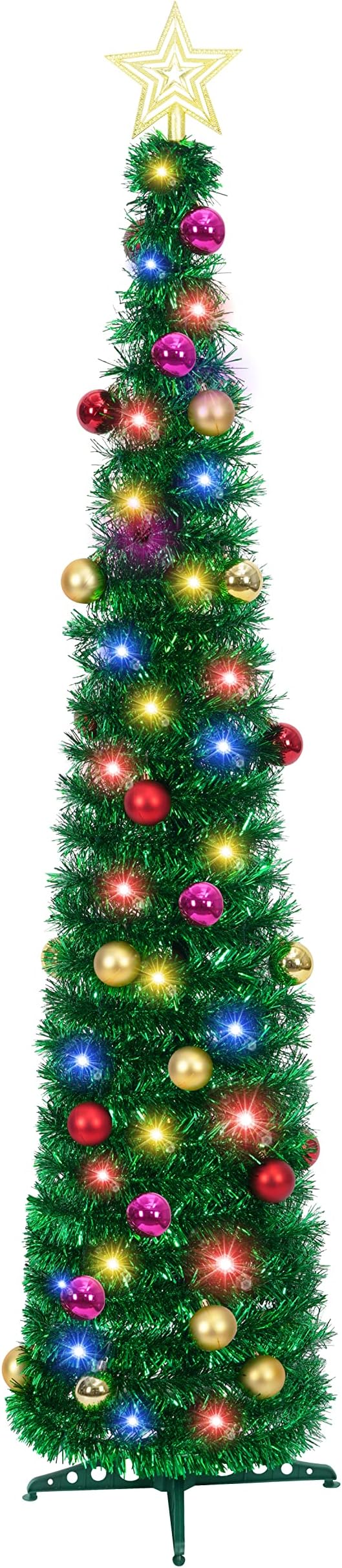 Dolicer 5Ft Pop up Christmas Tree, Collapsible Tinsel Christmas Tree with 30 Colorful LED Lights Artificial Pencil Tree with 25 Ball Ornaments Battery Operated Xmas Tree Decor Home Party (Green)