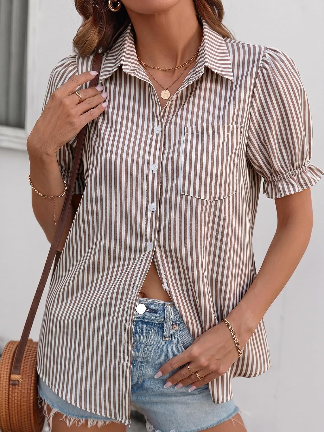 LOMON Linen Shirts for Women Puff Sleeve Button Down Summer Casual Cotton Linen Blouses Collared Work Tops Dressy