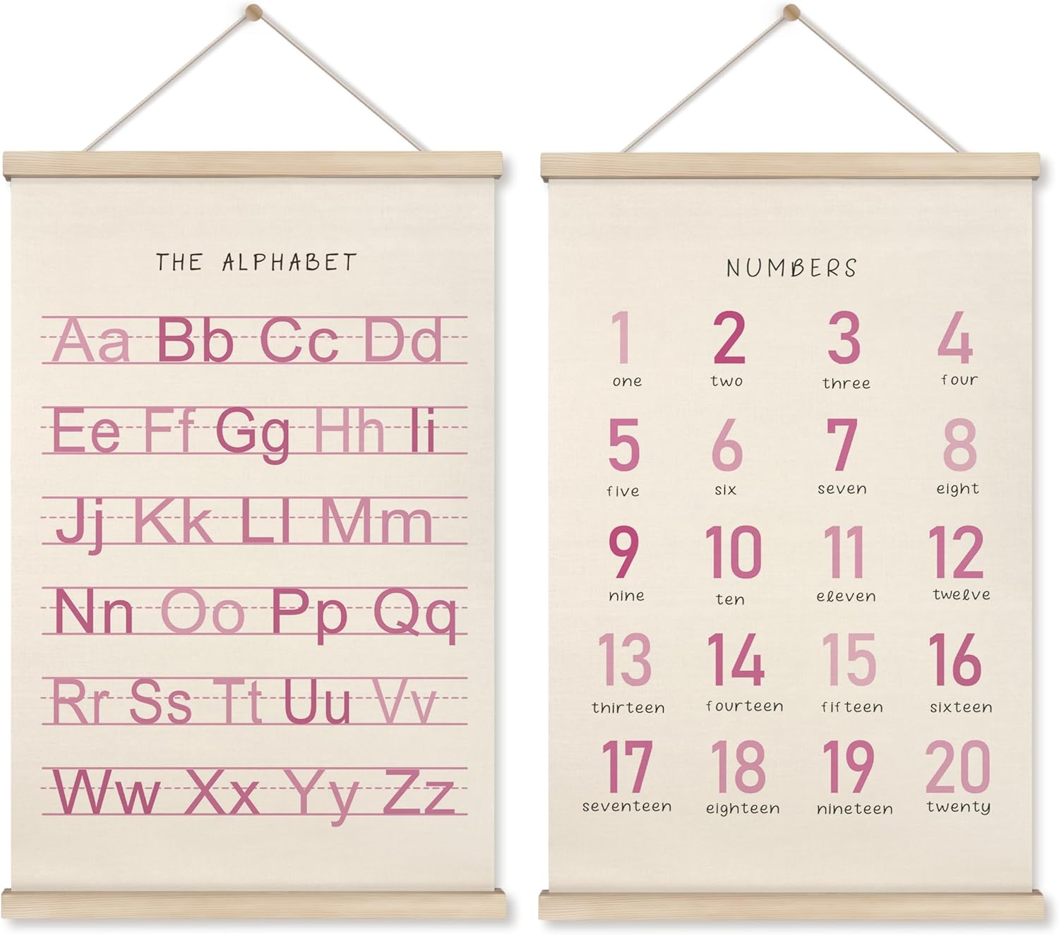 HRQKO Alphabet Numbers Poster Hanger Frame Set of 2, Nursery Wall Decor, Boho ABC Poster Wall Art with Wooden Frames, Alphabet Banner Wall Hanging Decor for Toddler Playroom Nursery, 16x24 Inch