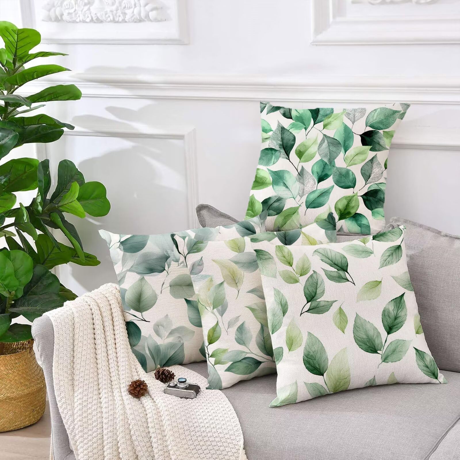 Fundas Cojines 55x55 cm Juego de 4 Verde Cojines Exterior Impermeable Terciopelo Impresión de Doble Cara Beige Fundas para Almohadas Sofa,Decorativos Patio Jardín Terraza Primavera Verano Gifts z-394