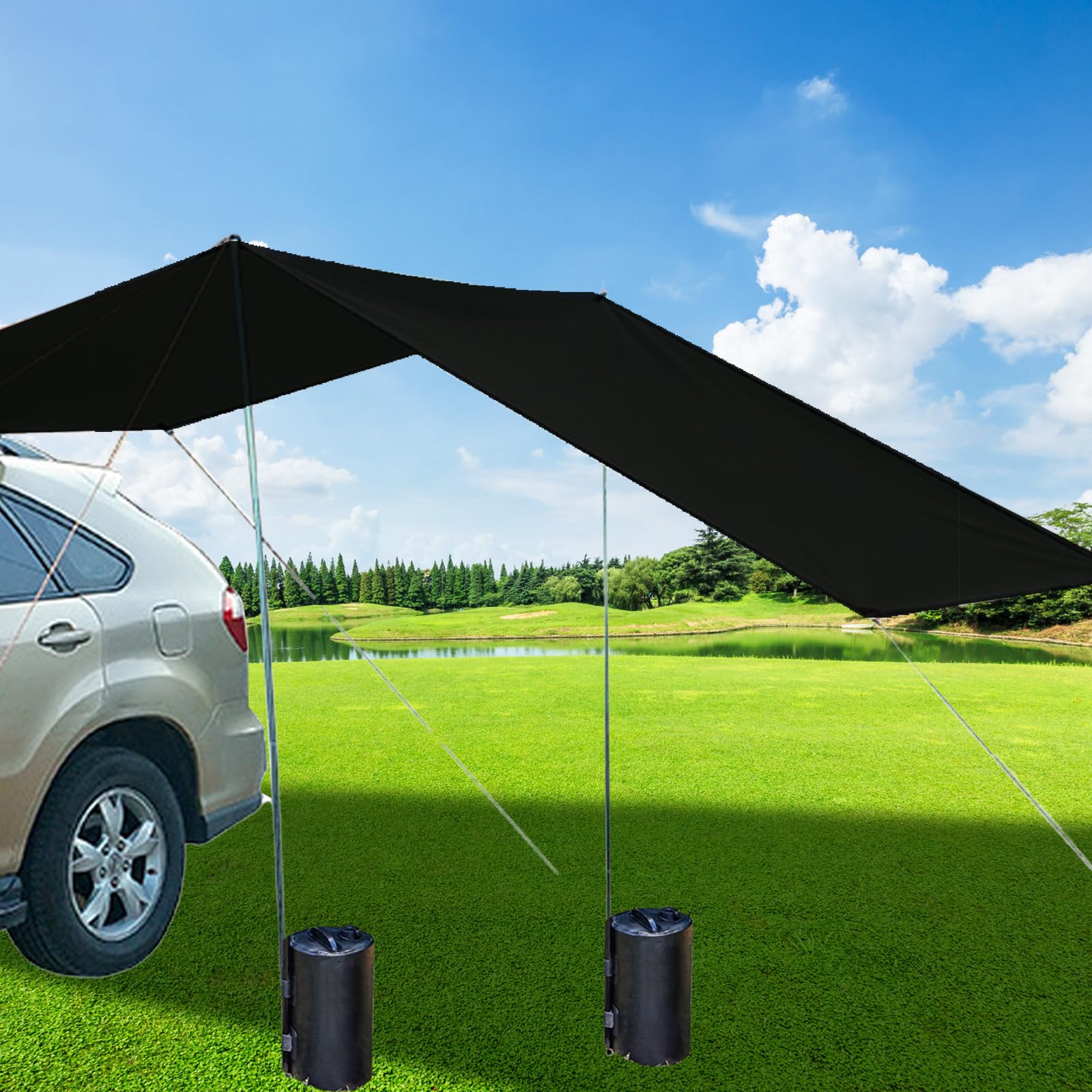 Auvent latéral de voiture - Tente de camping - Tente de toit avec protection UV - Avec 2 sacs d'eau portables - Étanche - 440 x 200 cm - Noir