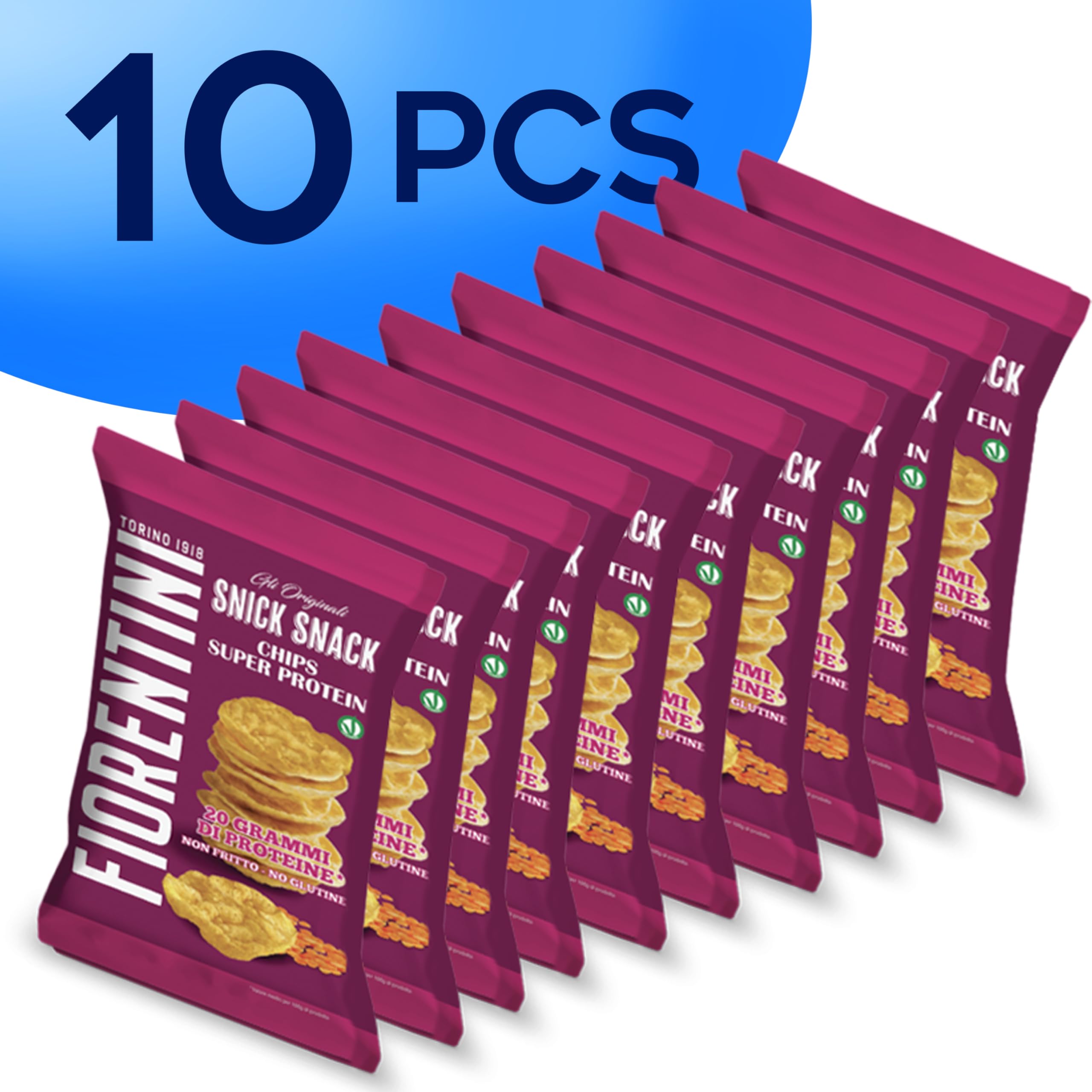 10 Snick Snack Chips Super Protein Fiorentini, 20 Grammi di Proteine con Lenticchie Rosse, Vegane, Senza Glutine, Multipack Formato Convenienza - 10 x 65 gr