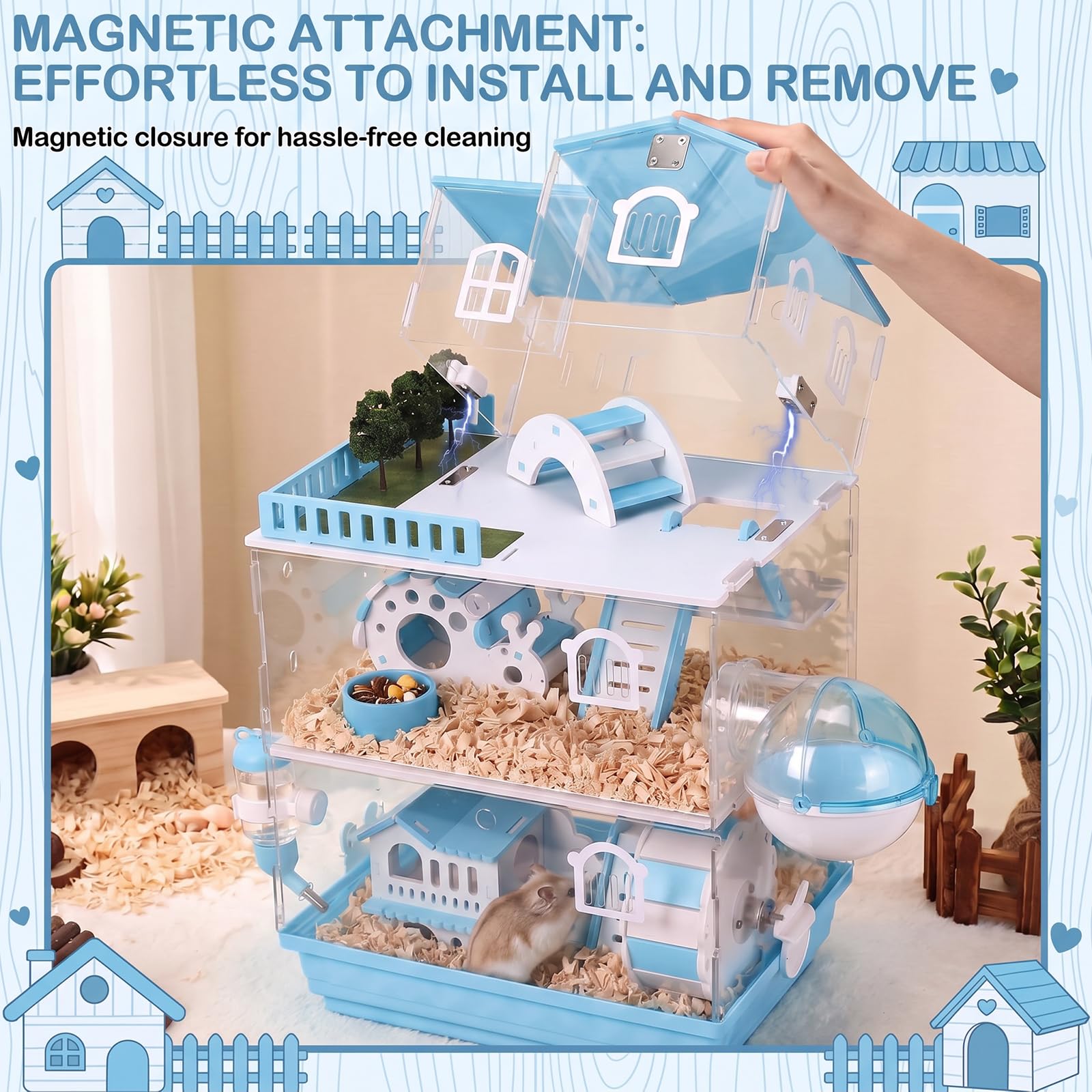 Eccliy Cage pour hamster 15 en 1 en acrylique transparent à 3 couches avec tous les accessoires, 50,8 x 34,7 x 25,4 cm, connexion magnétique, cage à souris de style jardin pour animaux domestiques