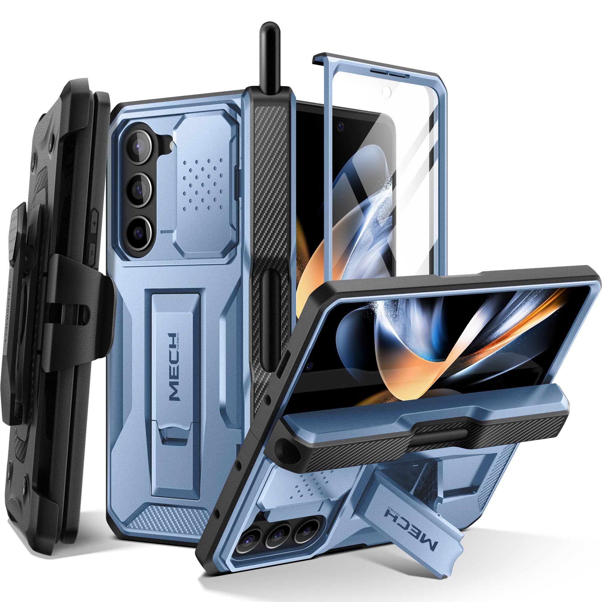 TONGATE Galaxy Z Fold 5 Case with S Pen Holder, Screen Protector, Kickstand, Full-Body Rugged Hinge Protection, Belt-Clip & Camera Cover for Samsung Galaxy Z Fold 5, Blue