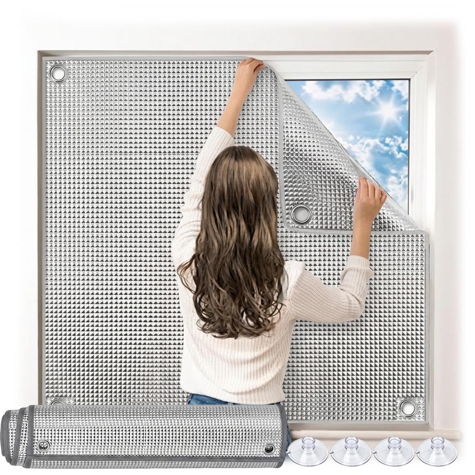 Sonnenschutz Fenster Innen Reflektierend Verdunkelungsrollo mit Saugnäpfen 5-Lagig Thermo Aluminiumfolie Fensterfolie Hitzeschutz und Sichtschutz für Schlafzimmer Dachfenster(Grau,100x200(cm))