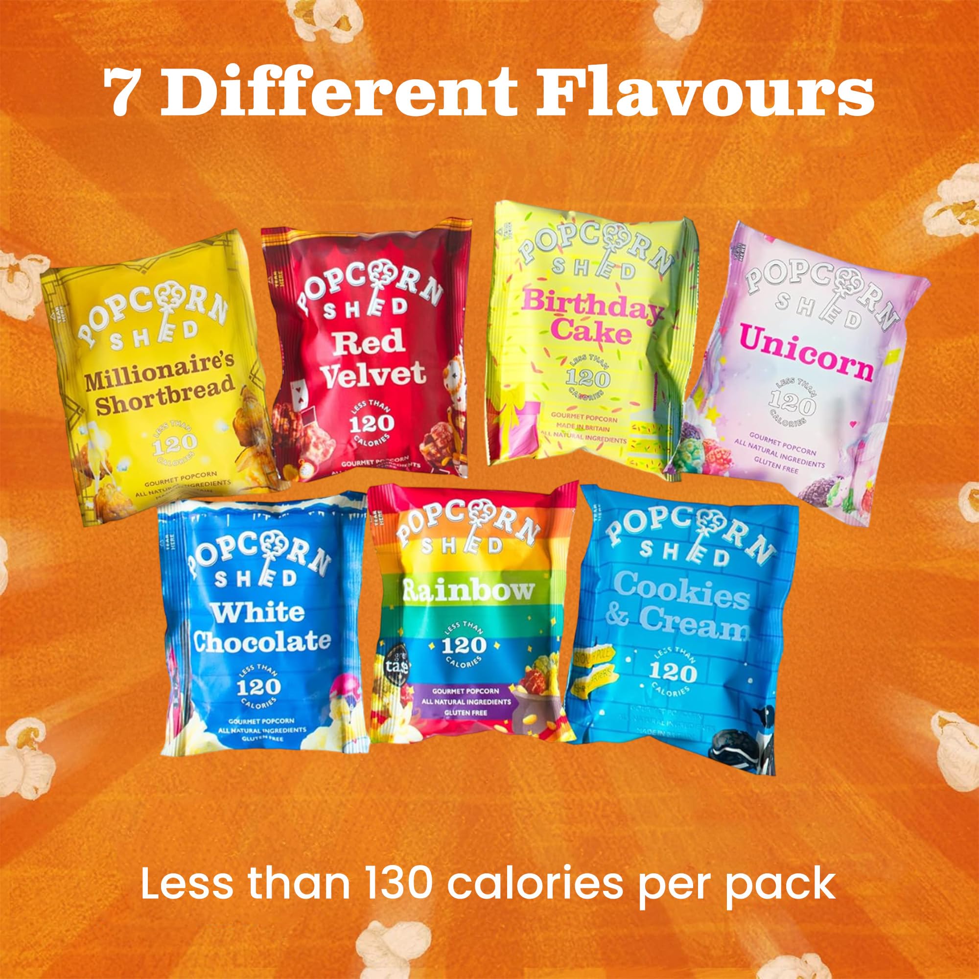 Popcorn Shed – 7 Sabores Exclusivos de Palomitas de Maíz, Premium Snacks Naturales, El regalo delicioso de palomitas de maíz, Perfecto para Noches de Cine (7 bolsas)