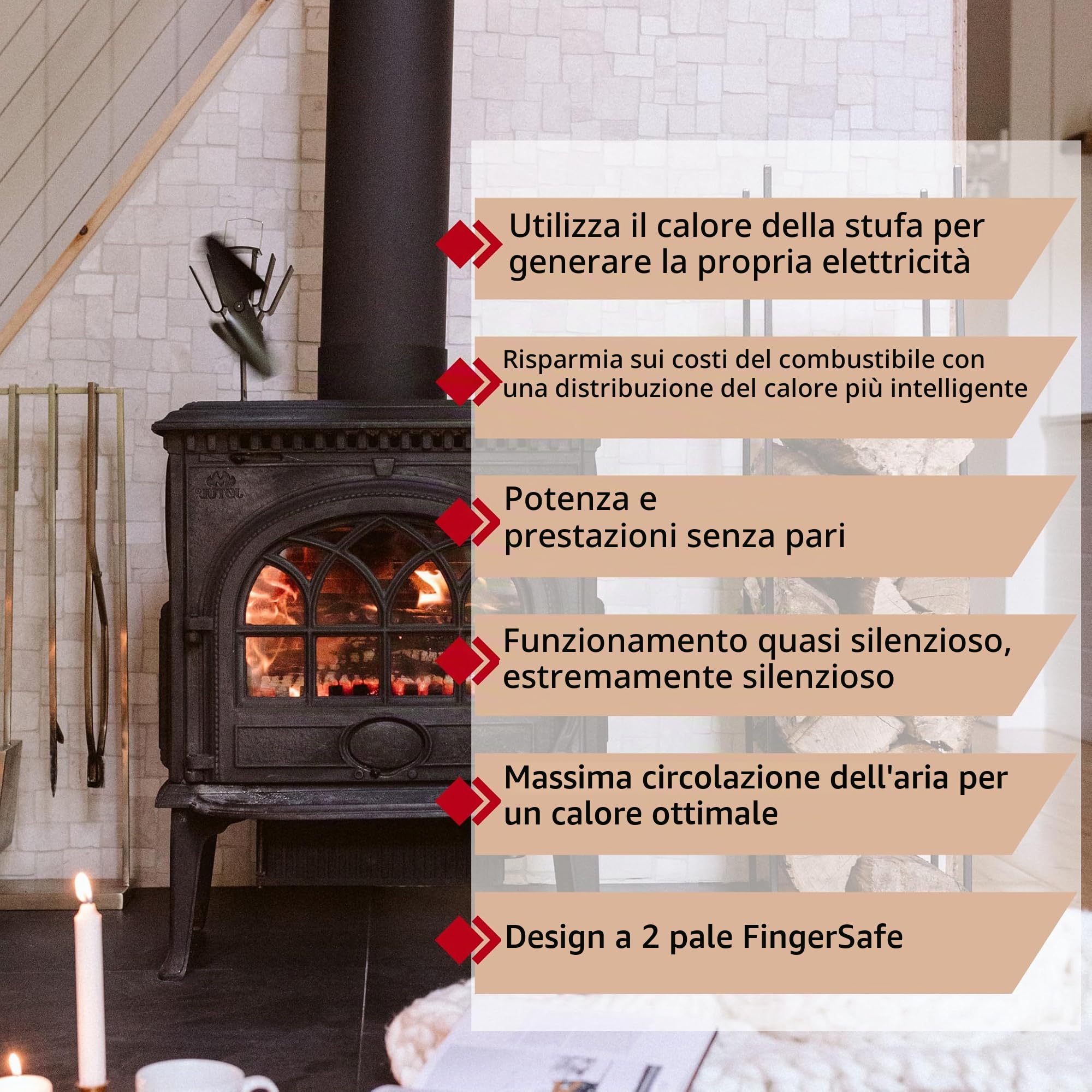 Ecofan 800CAXBX - Ventola per stufa a legna alimentata a calore, colore: nero, bilingue