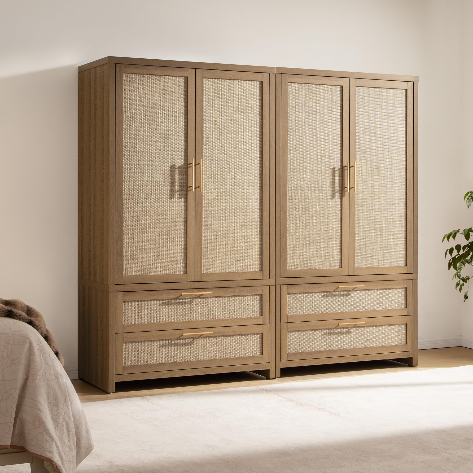 SICOTAS Rattan Armoire Wardrobe Closet, 71 inch Boho Wardrobe with Drawers