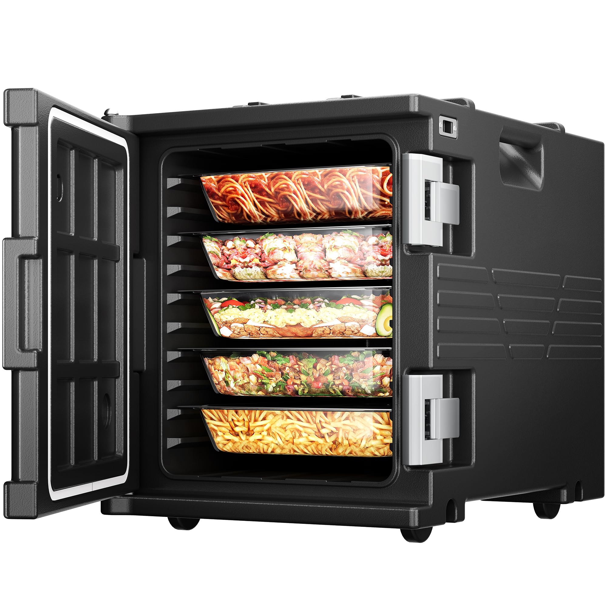 82QT Hot Box Food Warmer with Wheels, 304 Stainless Steel Latch & Door Shaft, LLDPE Insulated Food Carrier for 5 Full-Size Pans (NOT Included), Food Warmer Box, Stackable Hot Boxes for Catering