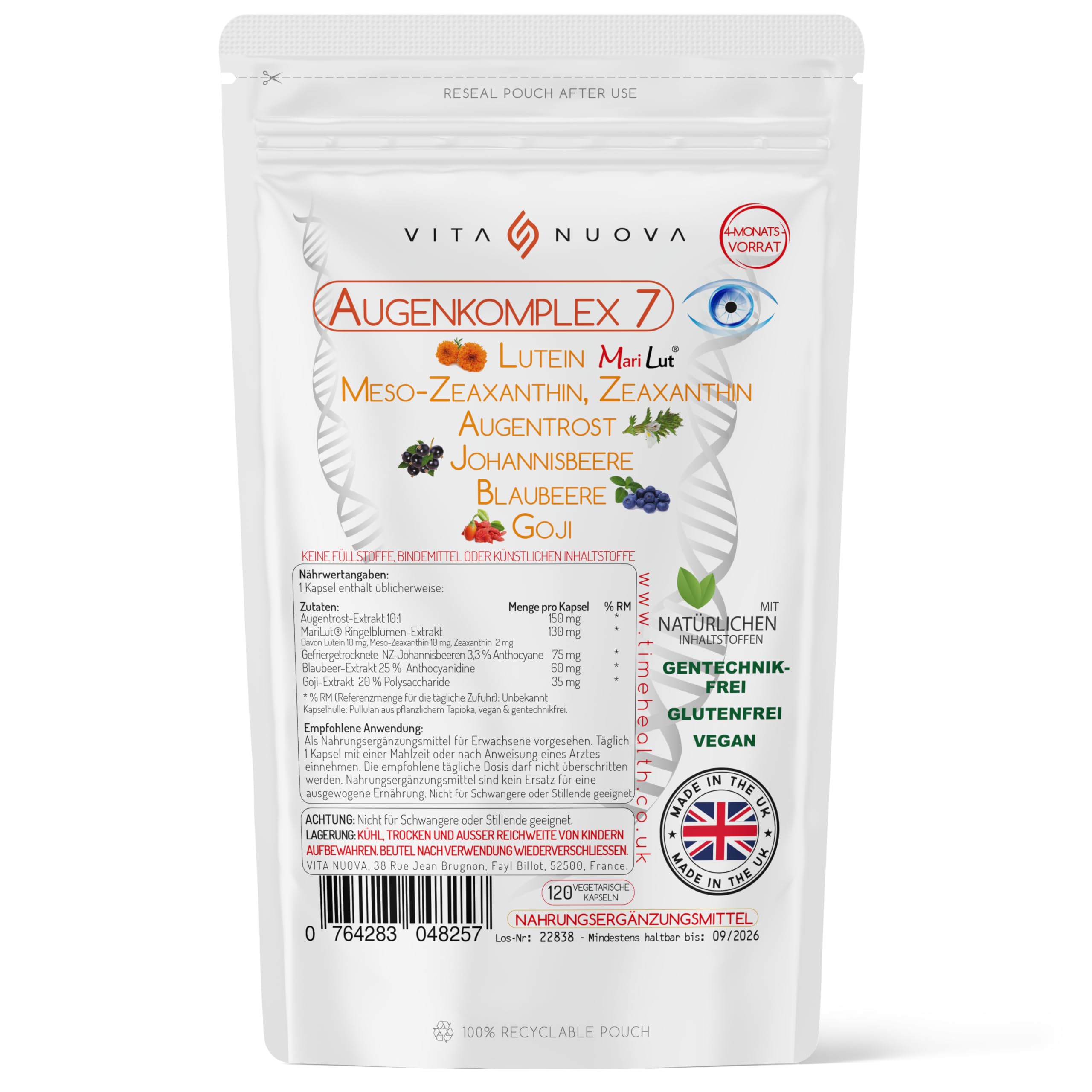 Augenkomplex 7 – Lutein/Meso-Zeaxanthin/Zeaxanthin/Neuseeländische schwarze Johannisbeere/Blaubeere/Goji-Beere/Augentrost – Ohne Zusätze – Natürlich – Im UK hergestellt (120 Kapseln)