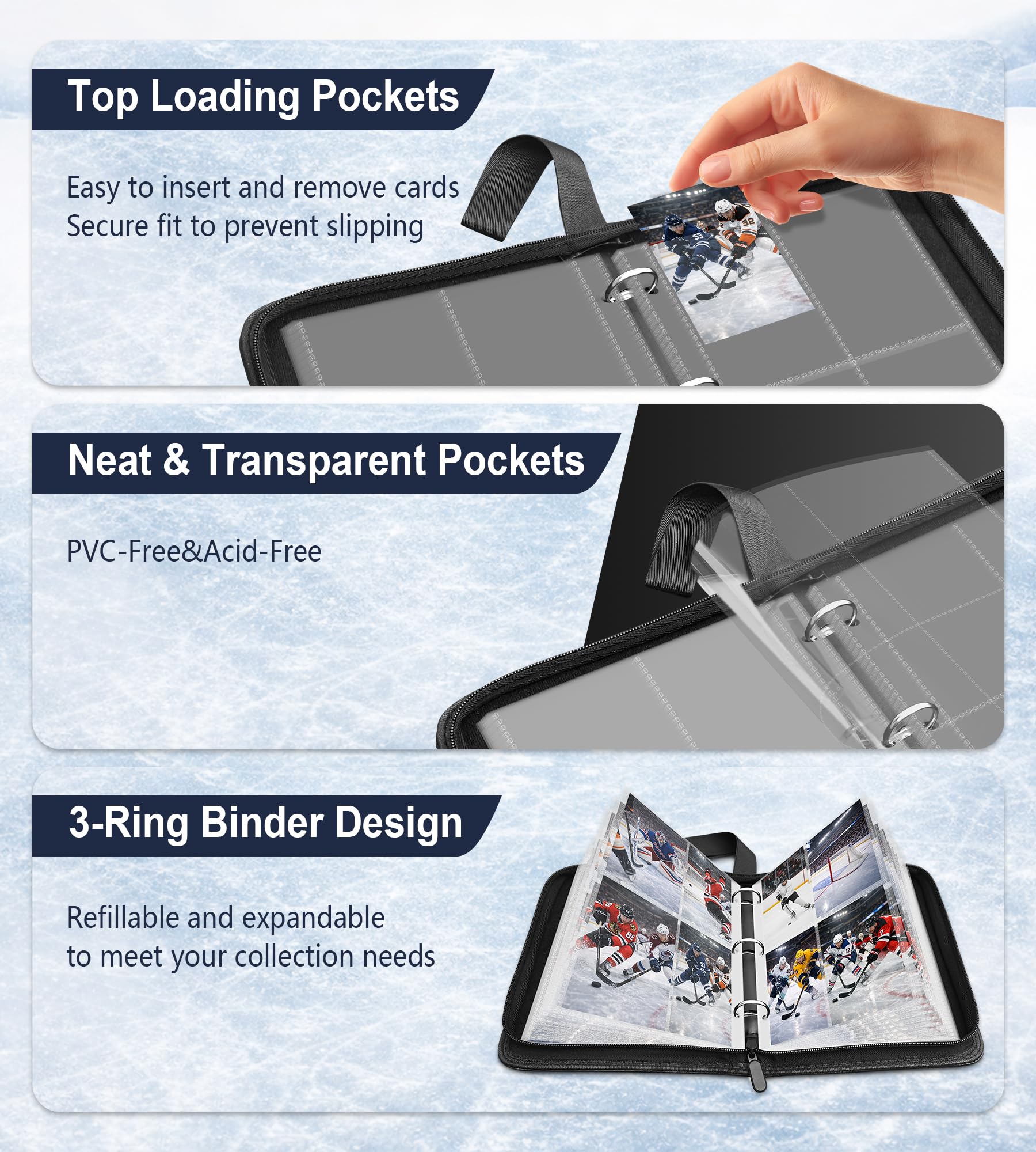 Hockey Card Binder, 4 Pocket Trading Portable Collector Binder with 50 Removable Sleeves for 400 Cards, Zipper Card Organizer Album for Football, Basketball, Baseball, Sports Cards - 5