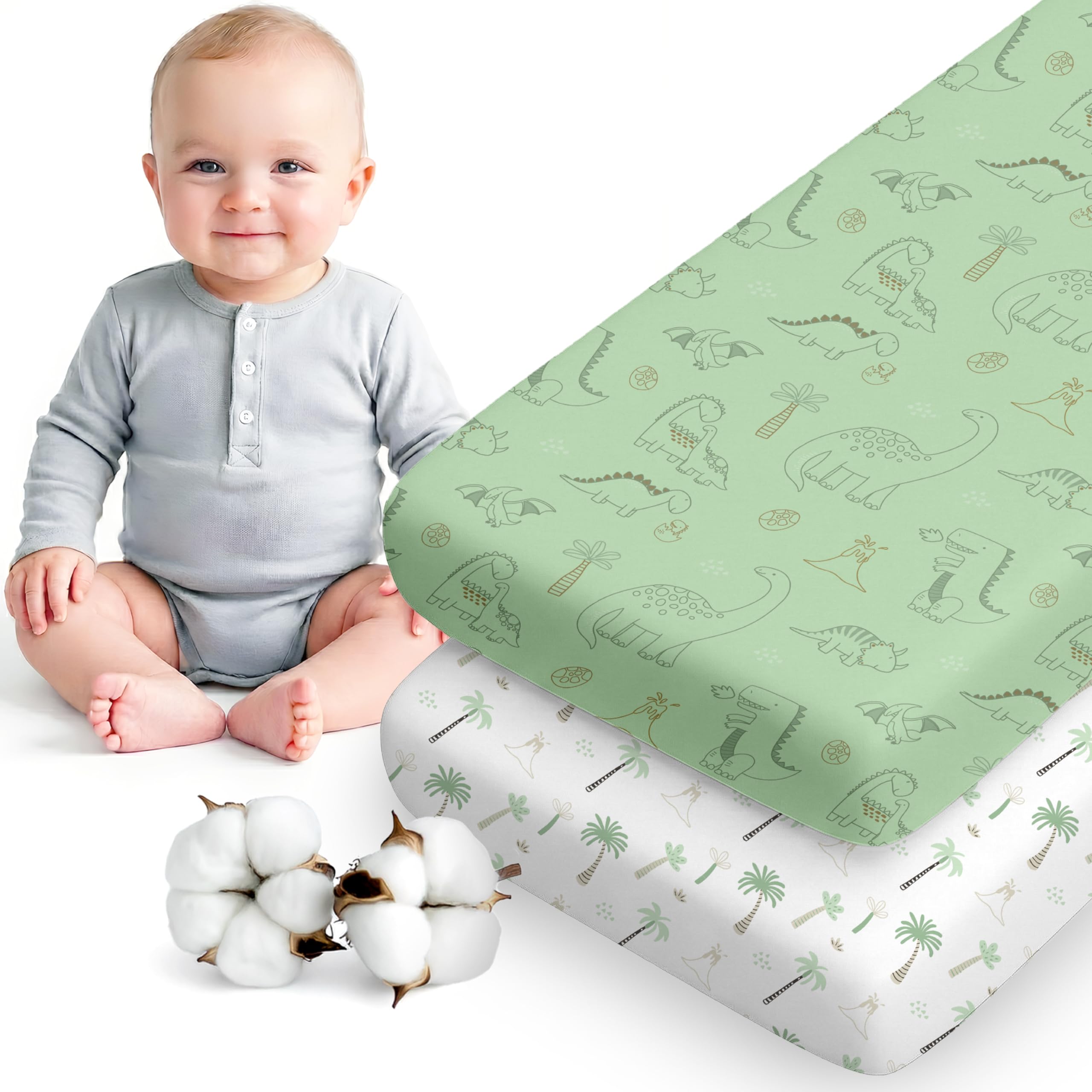 Dreamzie Set 2 Lenzuola Culla 50x83 Cotone - Lenzuolo Con Angoli, Oeko-Tex Certificato - Lenzuola Per Carrozzina E Culla Neonato - Dinosauro Bianco/Verde Salvia