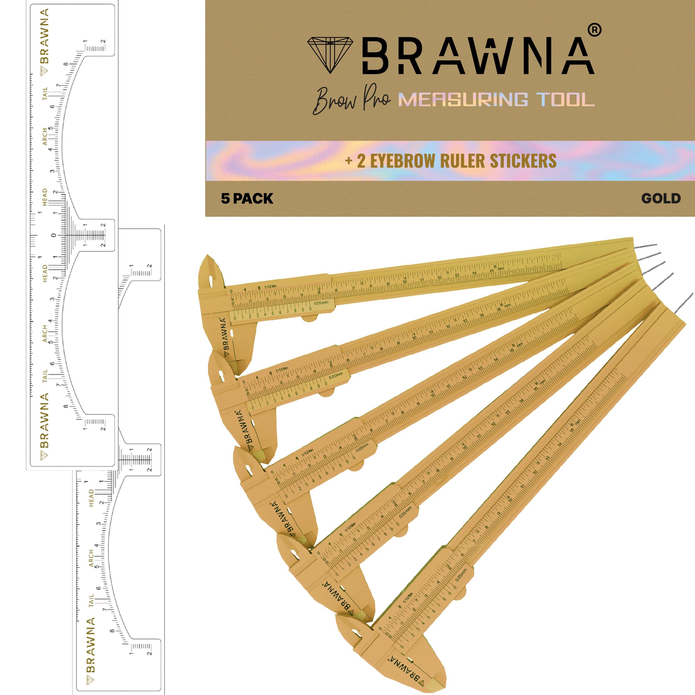 BRAWNA 5 Pcs Brow Pro Measuring Tool with Eyebrow Stickers - Double Scale Eyebrow Calipers Ruler for Microblading & Makeup Artists - Plastic - Gold