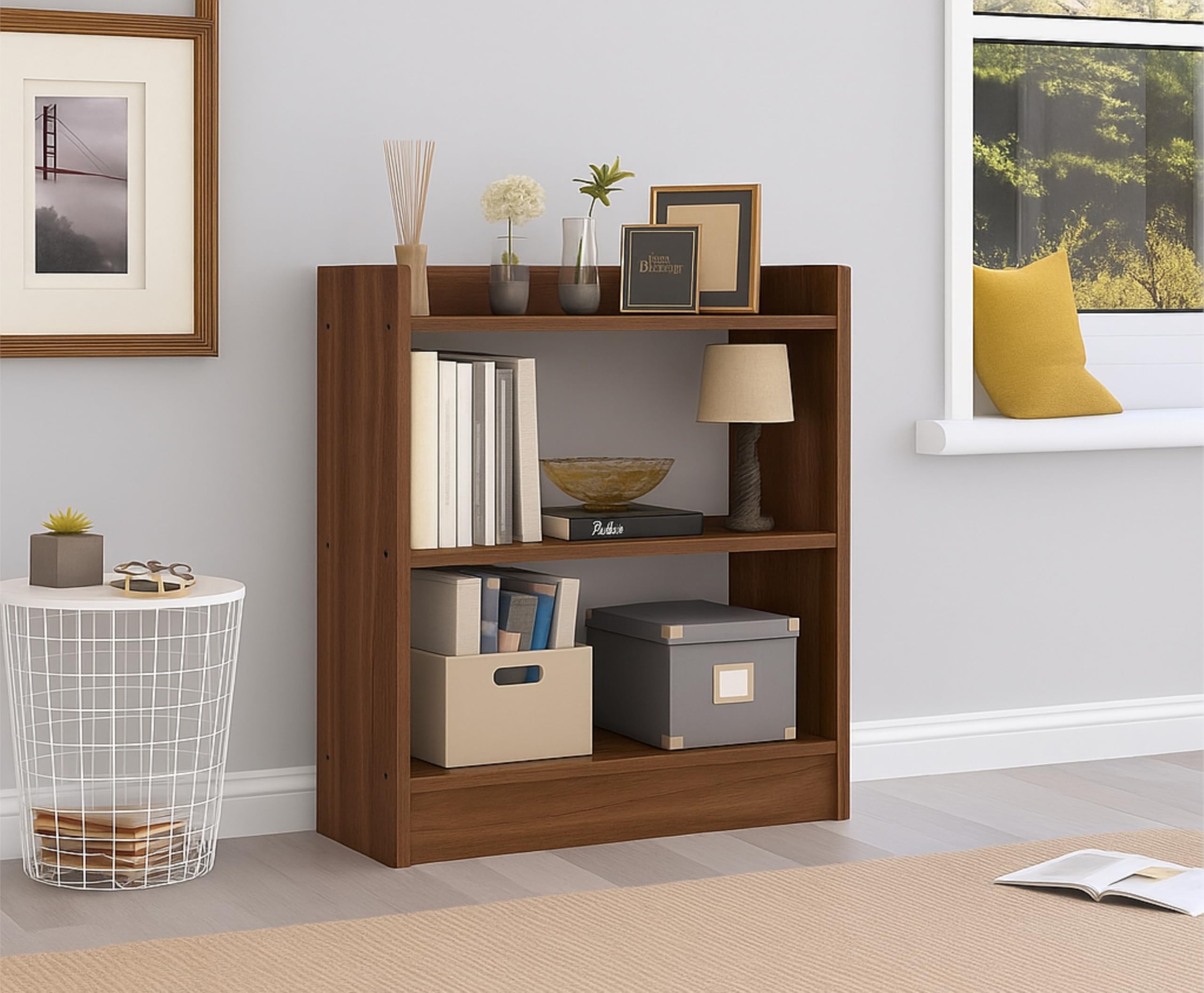 Wood Book Shelf for Home Multipurpose Home Decor Storage Rack Organizer Stand for Living Room, Kitchen, Bedroom | Perfect Bookcase for Home, Office (Walnut, 3-Tier)-image-45