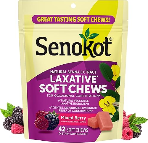 Senokot Gomitas Blandas Laxantes, Alivio Nocturno del Estreñimiento con Extracto de Senna, 42 Gomitas de Bayas Mixtas
