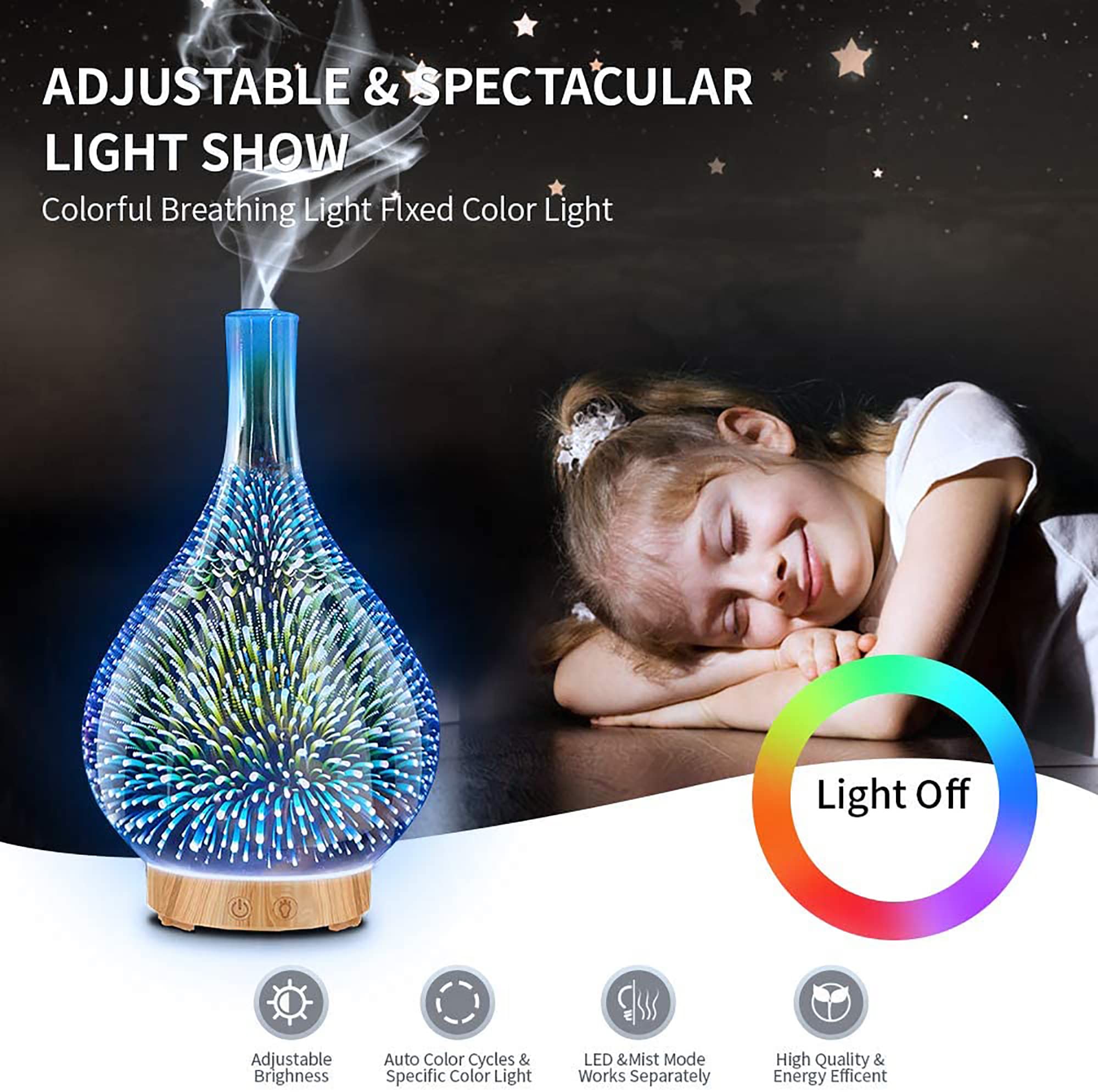 Diffusore di oli essenziali, 200 ml, diffusore in vetro 3D per aromaterapia, con telecomando, modalità nebulizzazione regolabile, luci notturne a LED e timer di spegnimento automatico