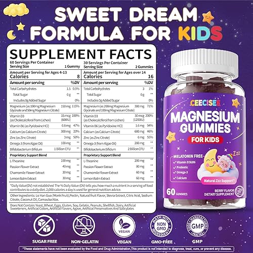 Miniatura 2 de Suplemento de gomitas de magnesio para niños mayores de 4 años suplemento masticable orgánico con citrato y magnesio, vitamina B6 D3 Zinc L-teanina,