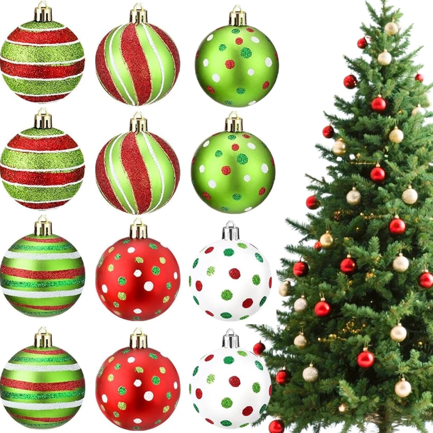 Cayton 12 Pack Glitter Christmas Ball Ornaments, Shatterproof Red Green Christmas Tree Decorations for Festive Xmas Decor Indoor Outdoor Holiday