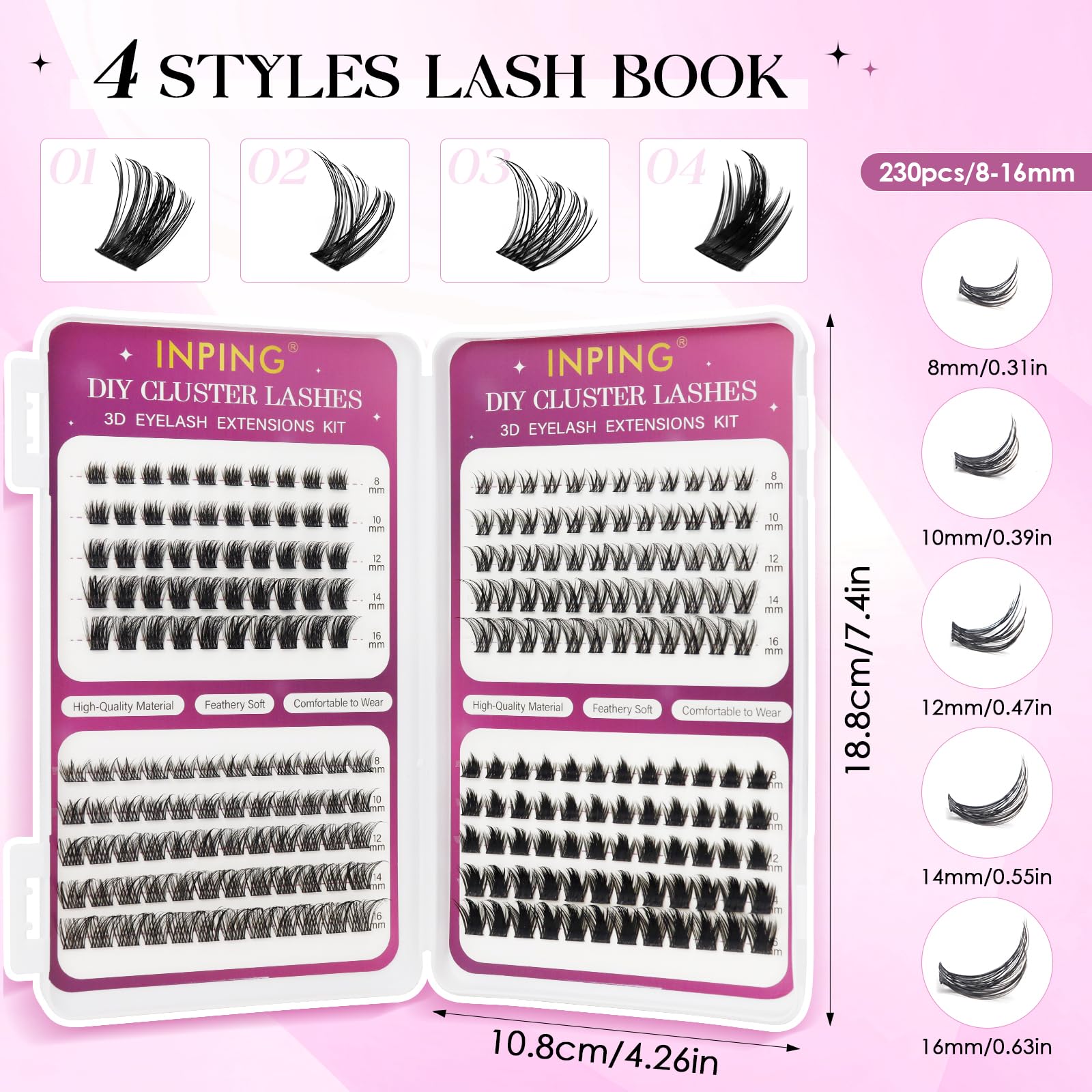 INPING Sztuczne rzęsy, 4 MIX objętość Wispy rzęsy do włosów, 8-16mm | 230 szt., przedłużanie rzęs C Curl, Lash Bond i uszczelka, pęseta, klaster Lash dla początkujących DIY w domu