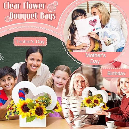 Miniatura 7 de Sinmoe 12 cajas en forma de corazón para flores, bolsas vacías de regalo con asa, cesta plegable para arreglos de boda, graduación (blanco)