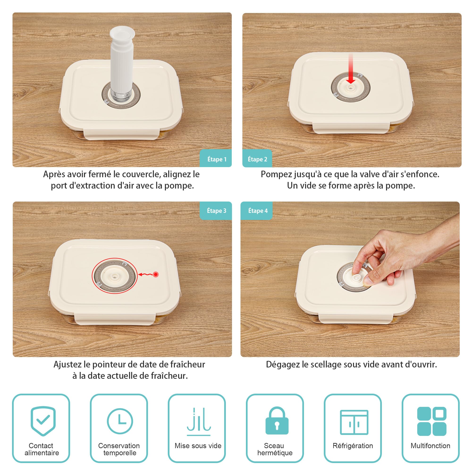 Set di 4 Contenitori Alimentari Ermetici in Vetro con Pompa a Vuoto - Indicatore di Data Integrato - Senza BPA, Anti-Odore - Per Forno, Microonde, Lavastoviglie e Congelatore (L)