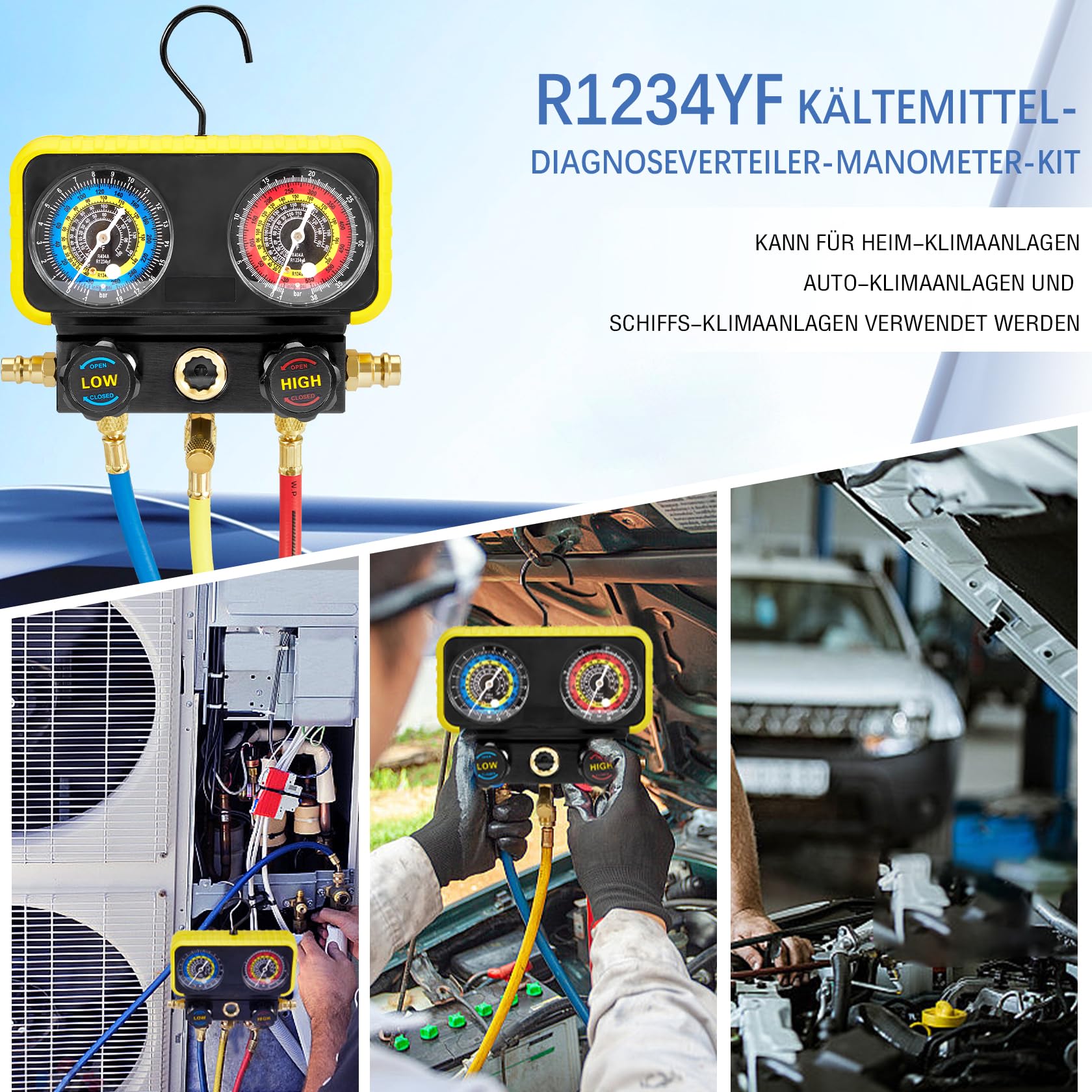 Pindex Manifold Gauge Set für Kältemittel R1234YF R134A R404A, KFZ AC Manometer mit 3x 1,5m Schläuchen