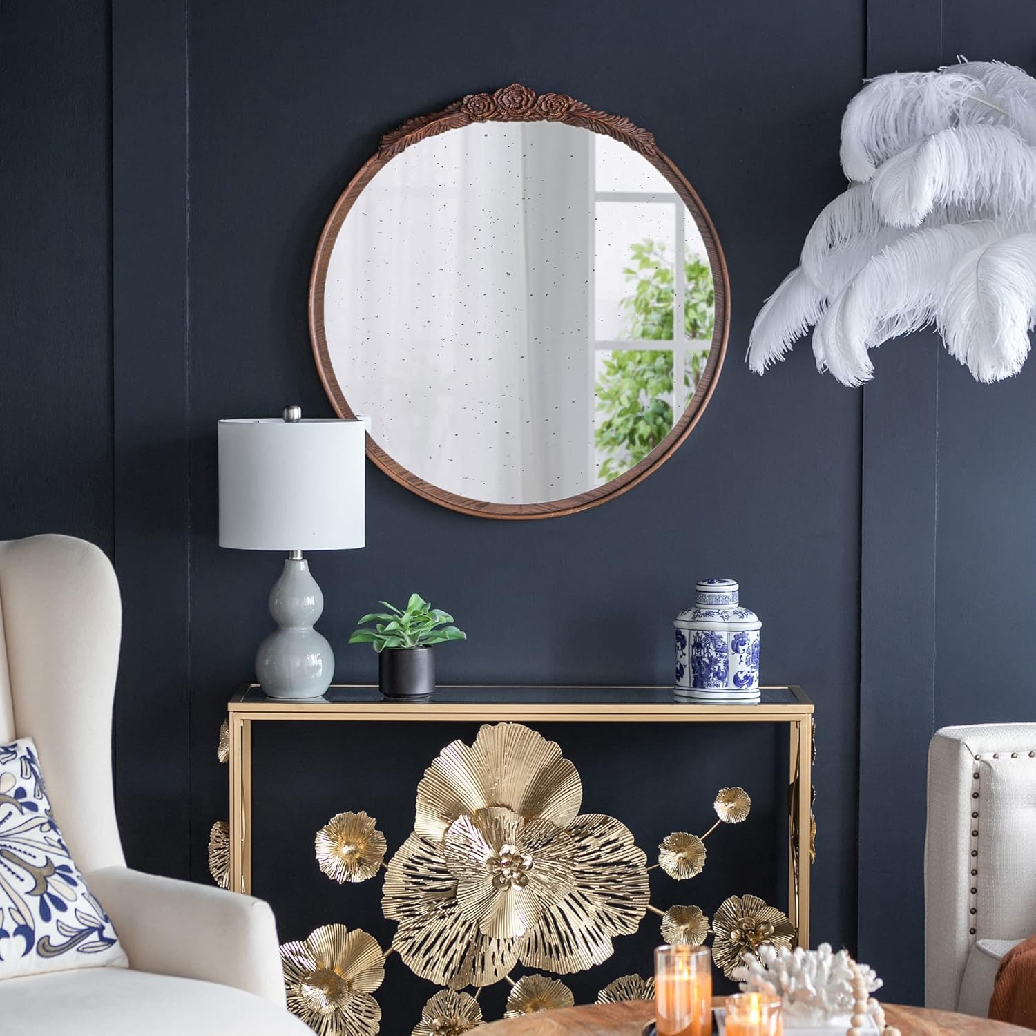 A&B Home Round Wood Mirror - 30" Circle Mirror with Hand Carved Antique Mirror Frame,Bathroom Living Room Bedroom Entryway Vanity Mirror, Dark Brown