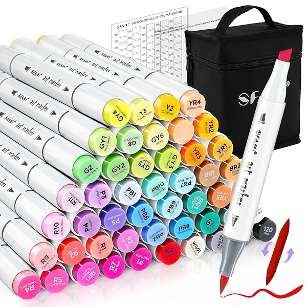 SFAIH Alcohol Markers Brush Tip & Chisel Tip - 49 Colors Double Tipped Art Markers for Adult Coloring Books Illustration, Gifts for Artist Adult - Refillable Alcohol-based Ink