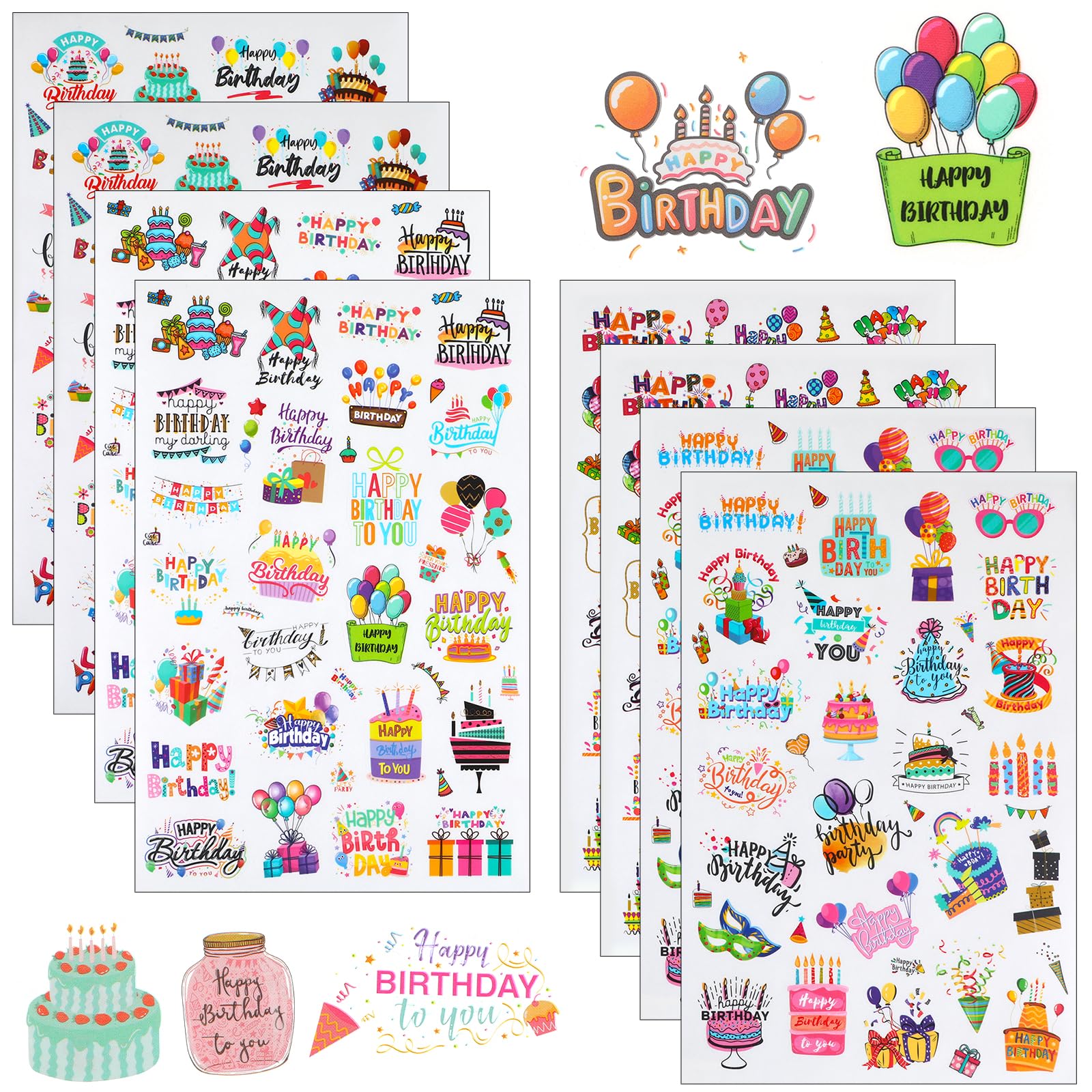 Amaxiu 200pcs Happy Birthday Stickers, Birthday Party Anniversary Sticker Decals Waterproof Vinyl Stickers, Happy-Birthday Decals Supplies for Cards Decorations Balloon Cake Decal for Kids Adults