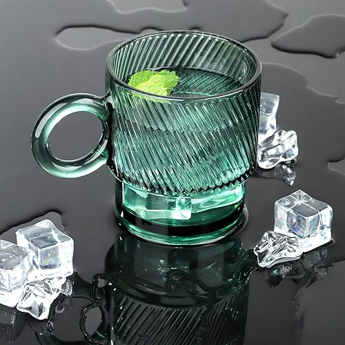 Miniatura 5 de Joeyan Tazas de café de vidrio verde con asa, tazas de café de vidrio apilables con diseño a rayas, vasos para café expreso, capuchino, café con