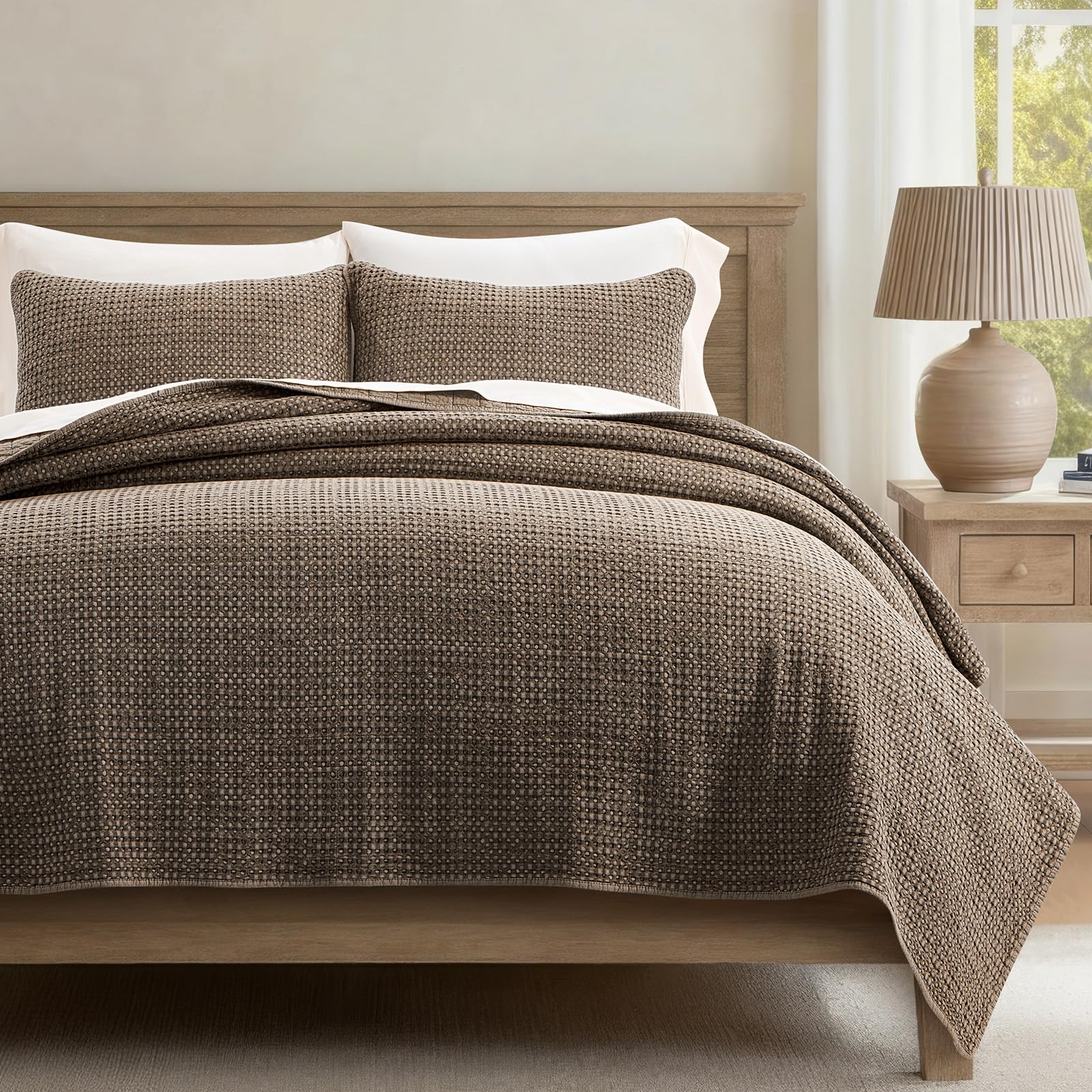 Photo 1 of EverGrace Stonewashed Cotton Waffle Quilt Set, King Size, Mushroom Brown