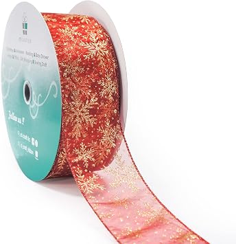 Organza with Red Glitter Snowflakes Wired Ribbon 2.5 inch x 50 Yards for Christmas Home Decor Tree Topper Bow Gift Wrapping DIY Crafts Wreath Garland Wedding