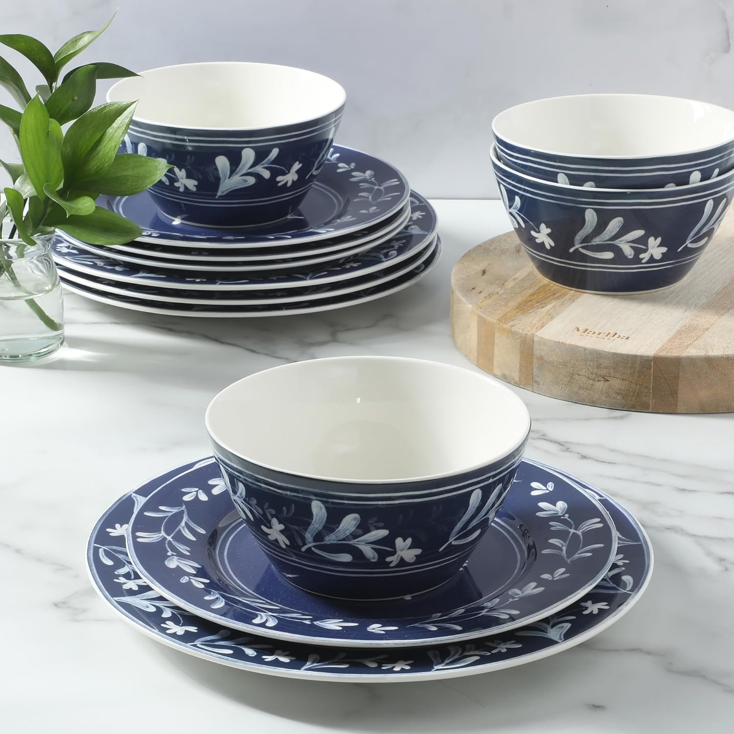 Martha Stewart Maiden Crown 12-Piece Sky Blue Dinnerware Set – New Bone China Ceramic Plates & Bowls – Floral Design – Service for 4 – Microwave & Dishwasher Safe - Image 6