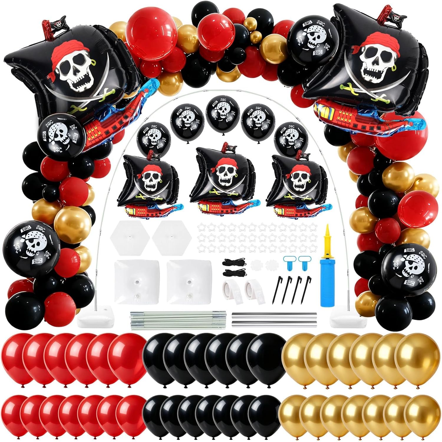 Halloween Pirate Party Balloon Garland Arch Kit Red Black Golden Adjustable Balloon Column Stand for Sea Sailing Adventure Ocean Captain Theme Birthday Party Baby Shower Decorations Supplies 1 Pirate