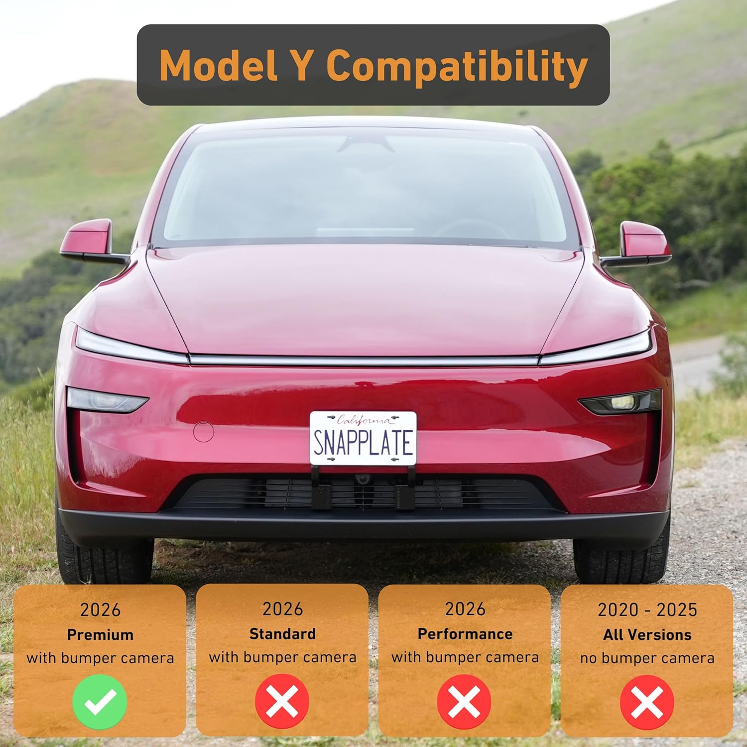 SnapPlate+ Front License Plate Holder - Fits Tesla Model Y (2026) Premium/Juniper Refresh with Bumper Camera - Grille-Safe Non-Metal Design, Anti-Theft, Removable, Height-Adjustable, USA Made