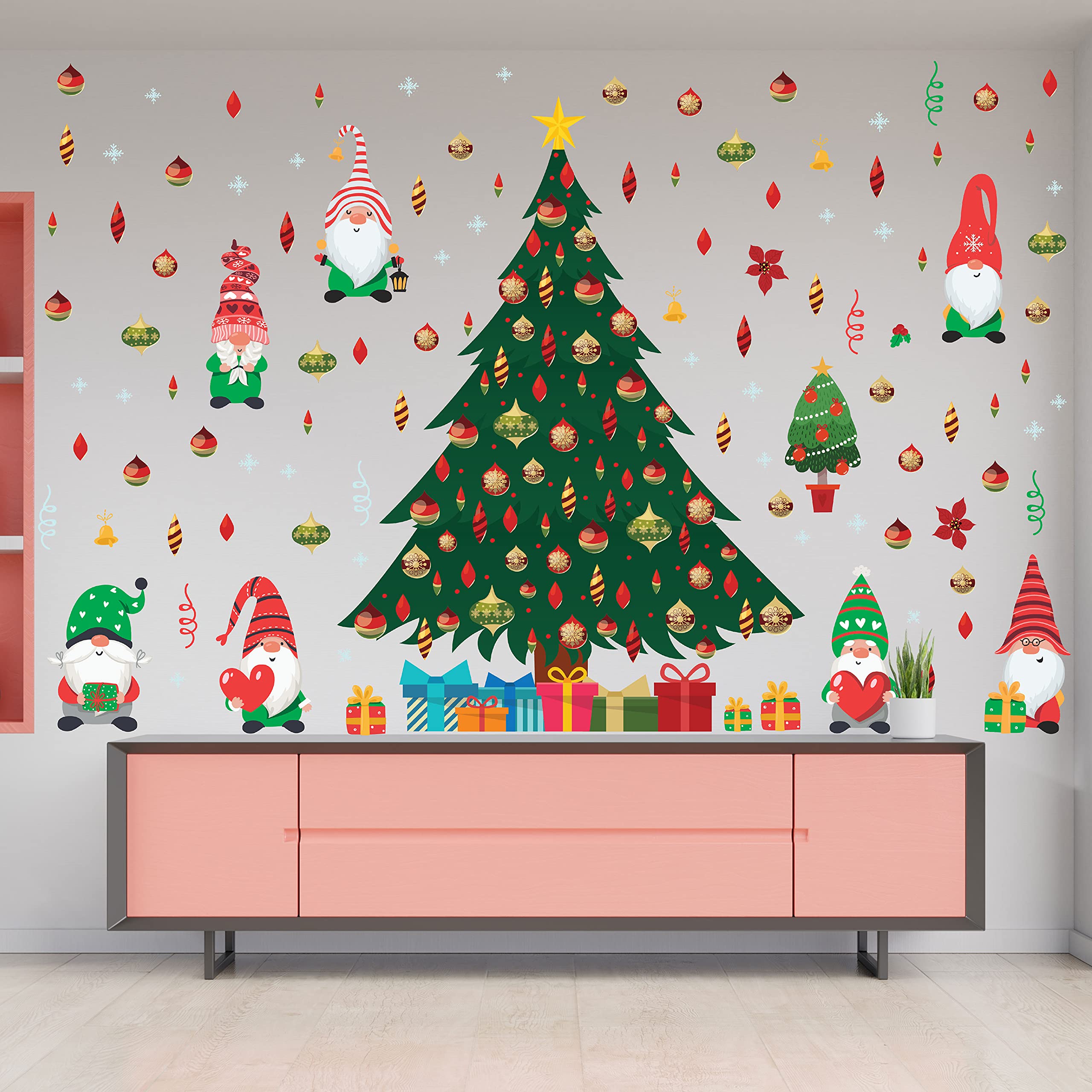 WALPLUS 140x200cm Christmas Combo Decorations Wall Stickers Merry Gnomes Around The Tree Wall Art Window Display Clings Display Decals Living Room Home Living Room Bedroom DIY Gift