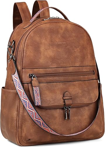 FADEON Mochila de cuero para laptop de 15.6 pulgadas para mujer, mochila de viaje de PU con compartimento para computadora portátil para el trabajo,
