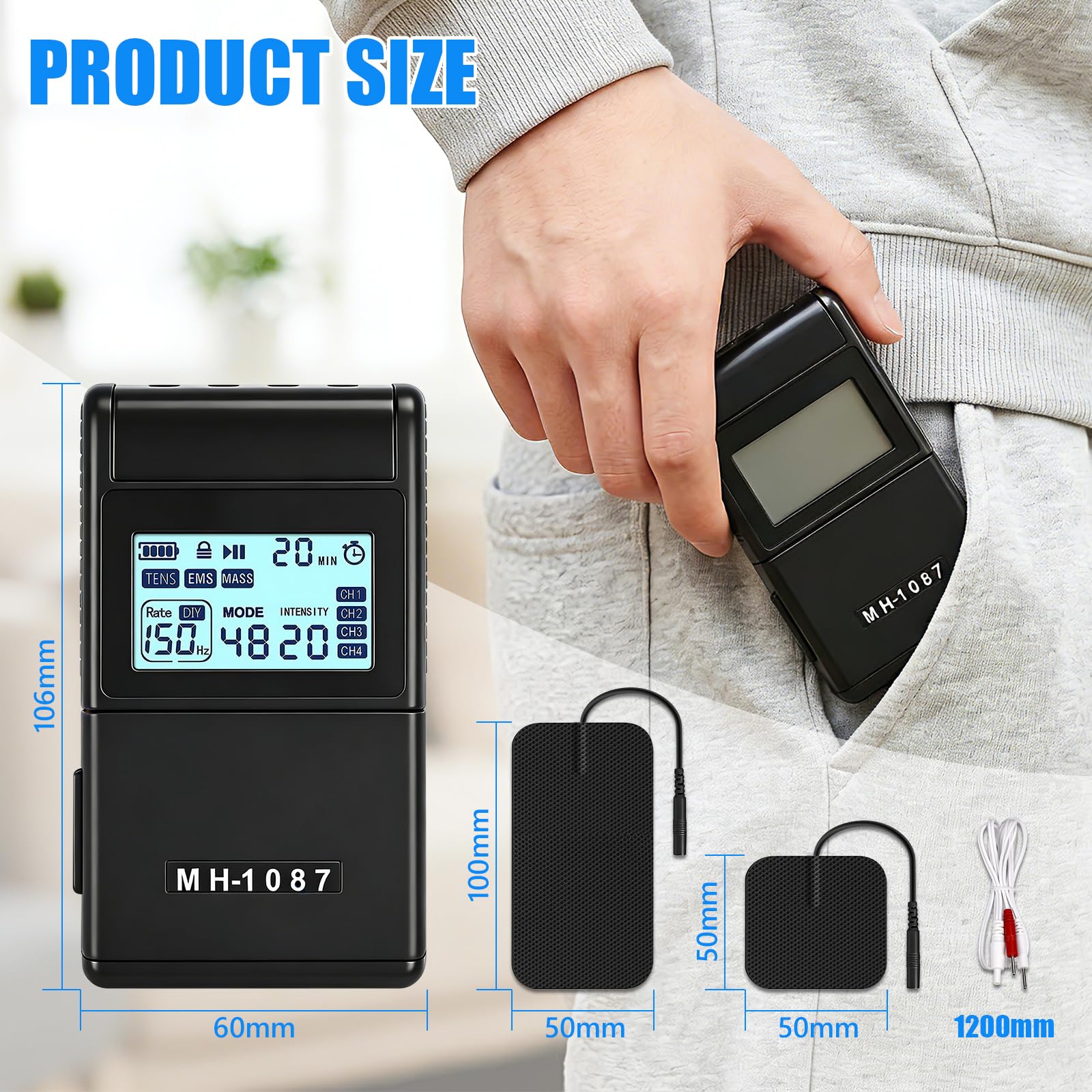 Elettrostimolatore Muscolare 3 in 1 TENS Elettrostimolatore a Doppio Canale 48 Modalità 20 Livelli di Intensità con 8 Elettrodi per Alleviare Il Dolore e Costruire Muscoli